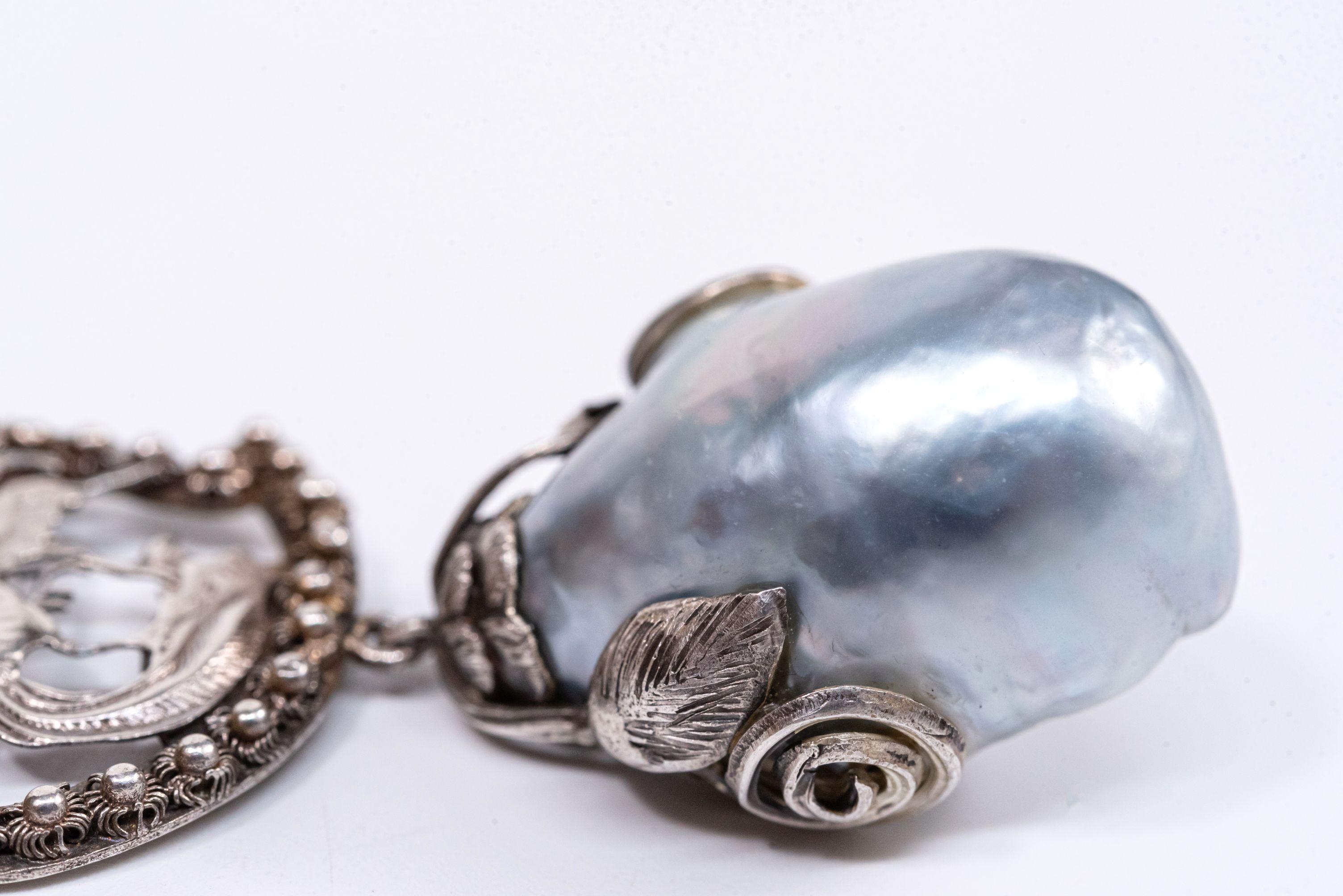 Sterling Silver Vintage Phoenix Baroque South Sea Pearl Necklace Enhancer For Sale 7