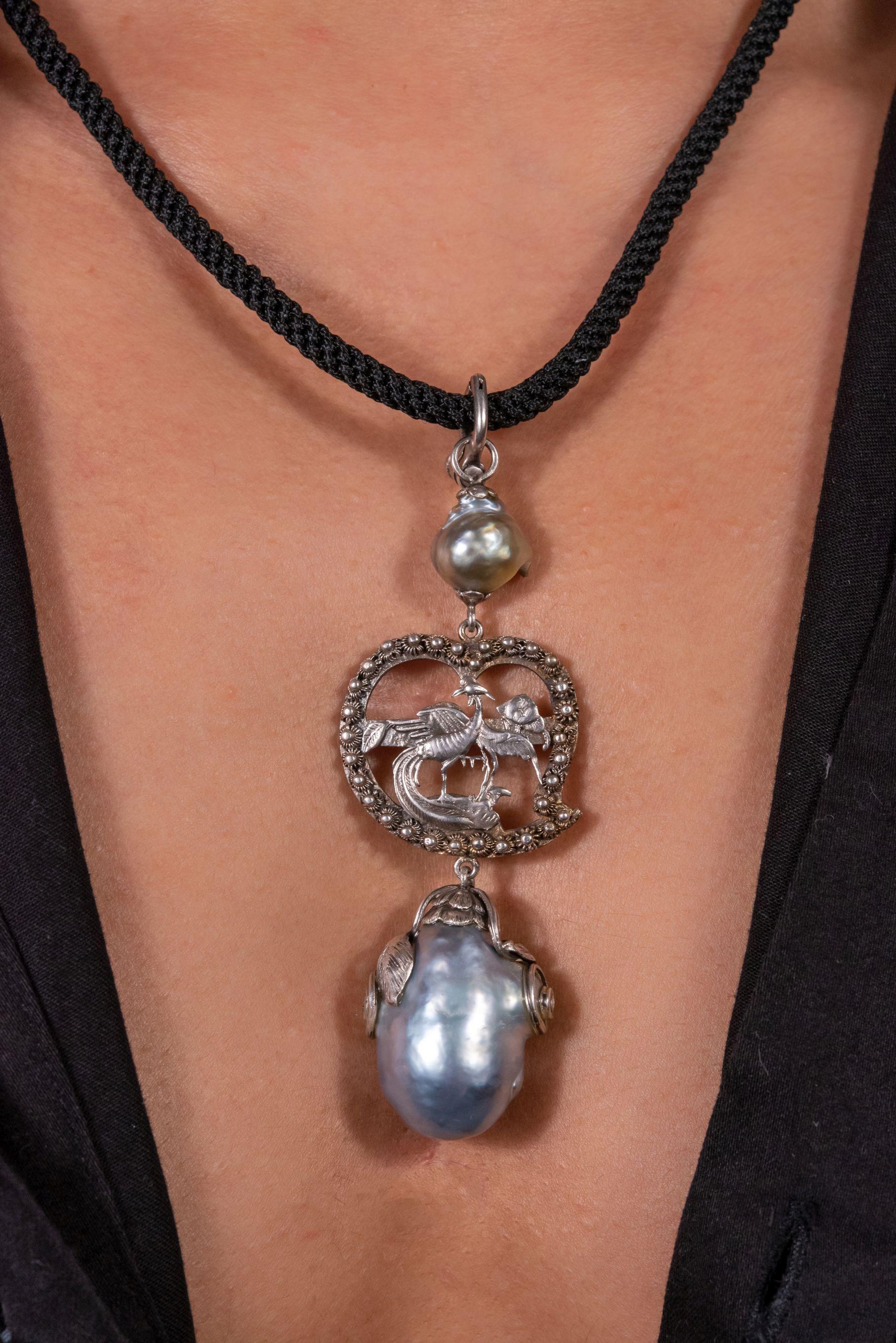 Modern Sterling Silver Vintage Phoenix Baroque South Sea Pearl Necklace Enhancer For Sale