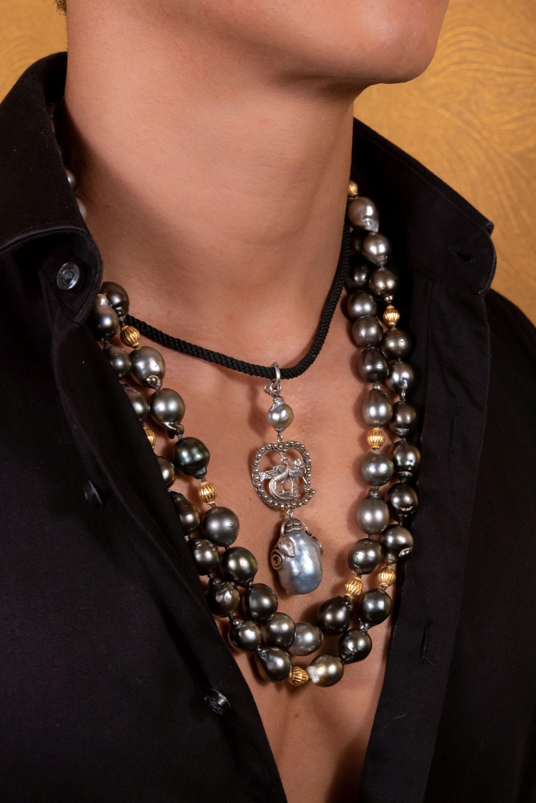 Men's Sterling Silver Vintage Phoenix Baroque South Sea Pearl Necklace Enhancer For Sale