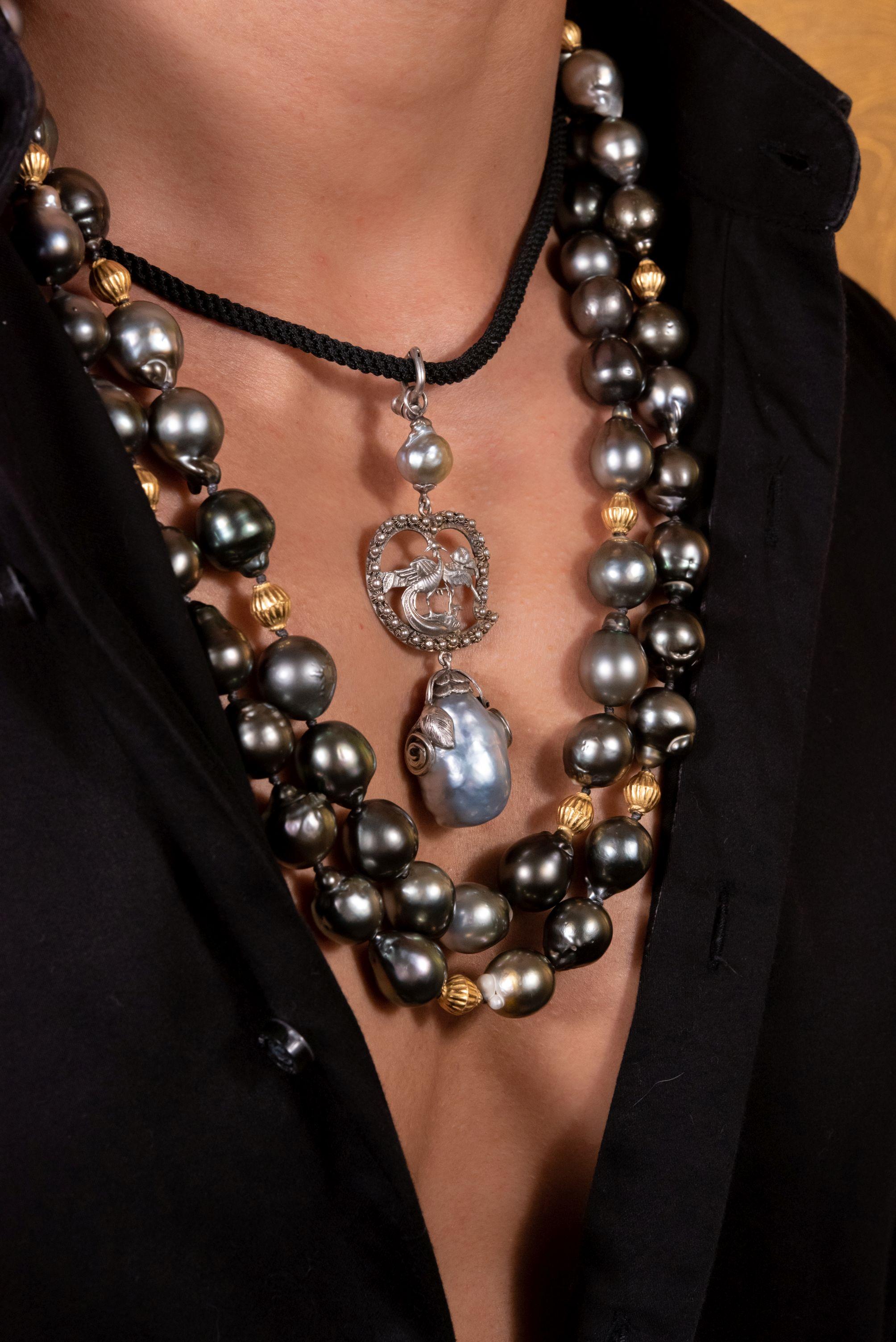 Sterling Silver Vintage Phoenix Baroque South Sea Pearl Necklace Enhancer For Sale 1