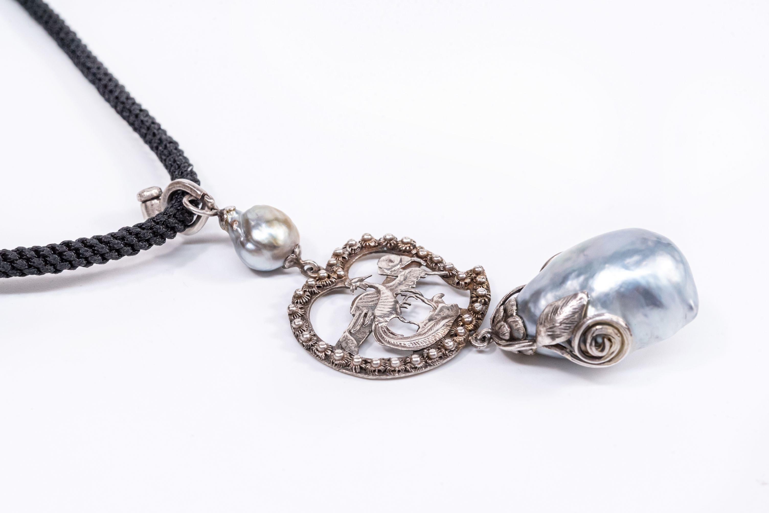 Sterling Silver Vintage Phoenix Baroque South Sea Pearl Necklace Enhancer For Sale 2