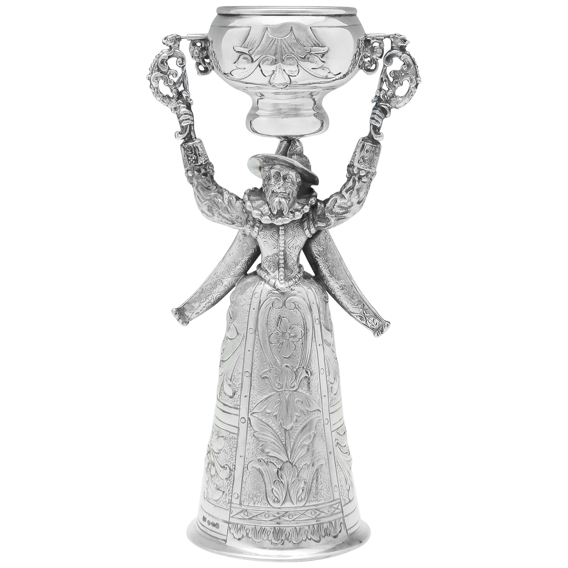 Import Marked Novelty 'Man in Drag' Sterling Silver Wager Cup by Muller in 1911
