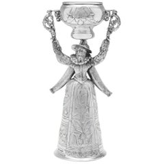 Antique Import Marked Novelty 'Man in Drag' Sterling Silver Wager Cup by Muller in 1911