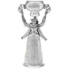 Import Marked Novelty 'Man in Drag' Sterling Silver Wager Cup by Muller in 1911