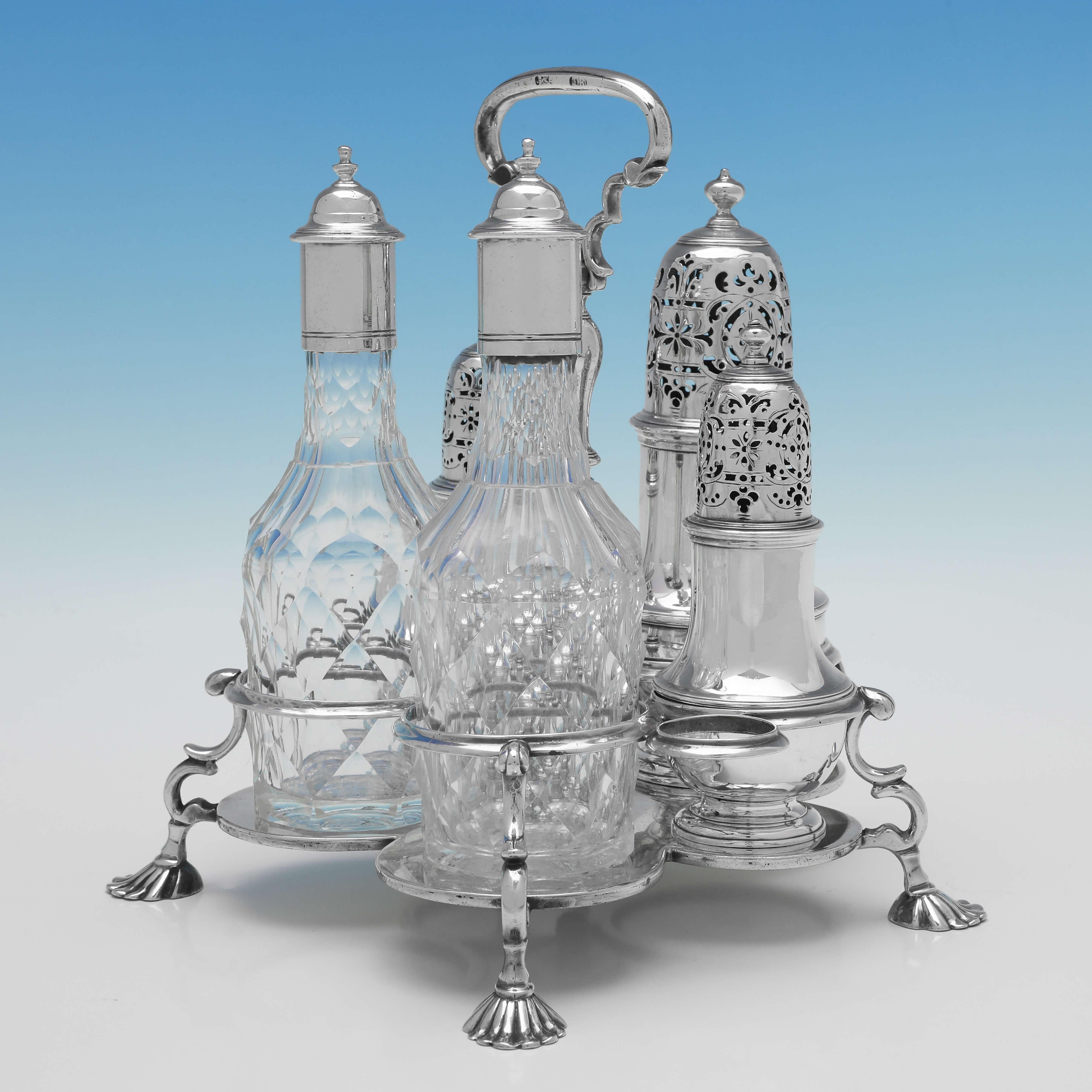 English Warwick Cruet, George I Period, Antique Sterling Silver, London 1726 Bamford For Sale