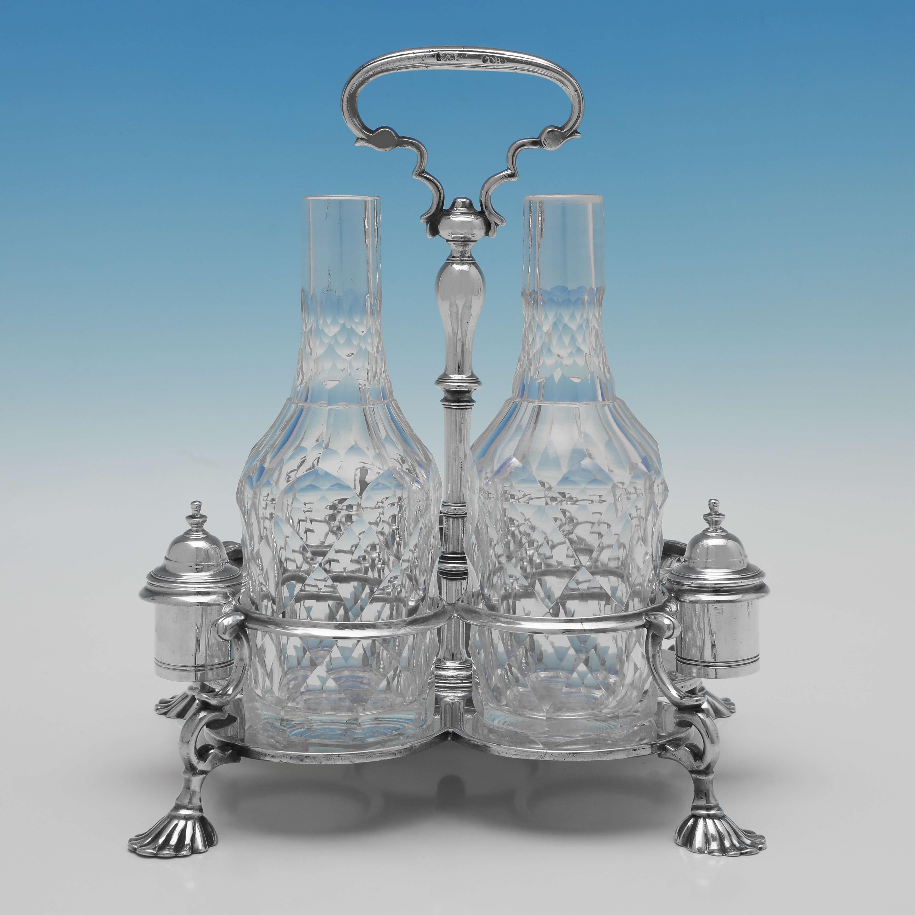 Early 18th Century Warwick Cruet, George I Period, Antique Sterling Silver, London 1726 Bamford For Sale