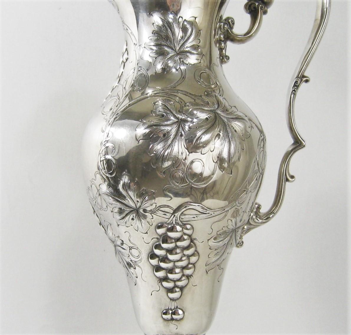 American Sterling Silver Water Wine Pitcher Victorian Black Starr Frost, circa 1880 Grape For Sale