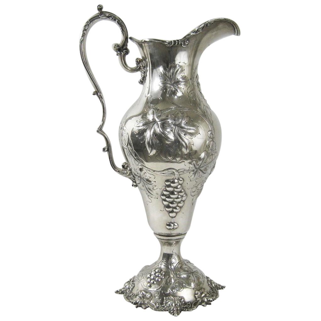 Sterling Silver Water Wine Pitcher Victorian Black Starr Frost, circa 1880 Grape For Sale