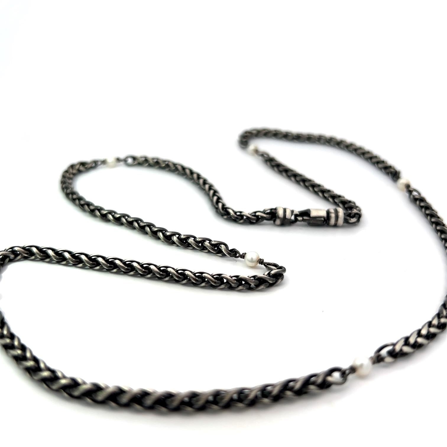 Collar de perlas blancas con cadena de trigo de plata de ley 26 Cuenta en venta
