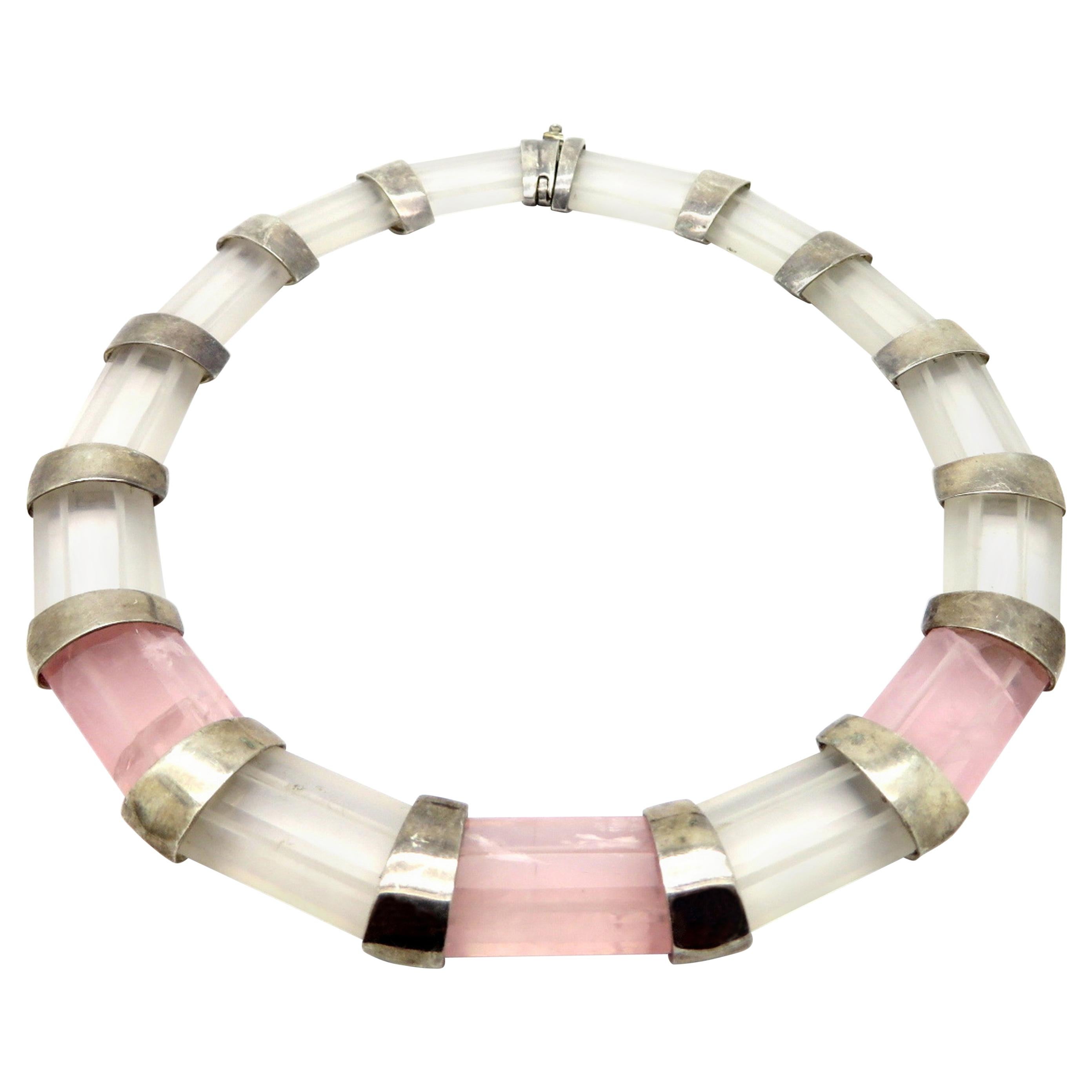 Sterling Silver White and Rose Quartz Fashion Statement Choker Necklace For Sale