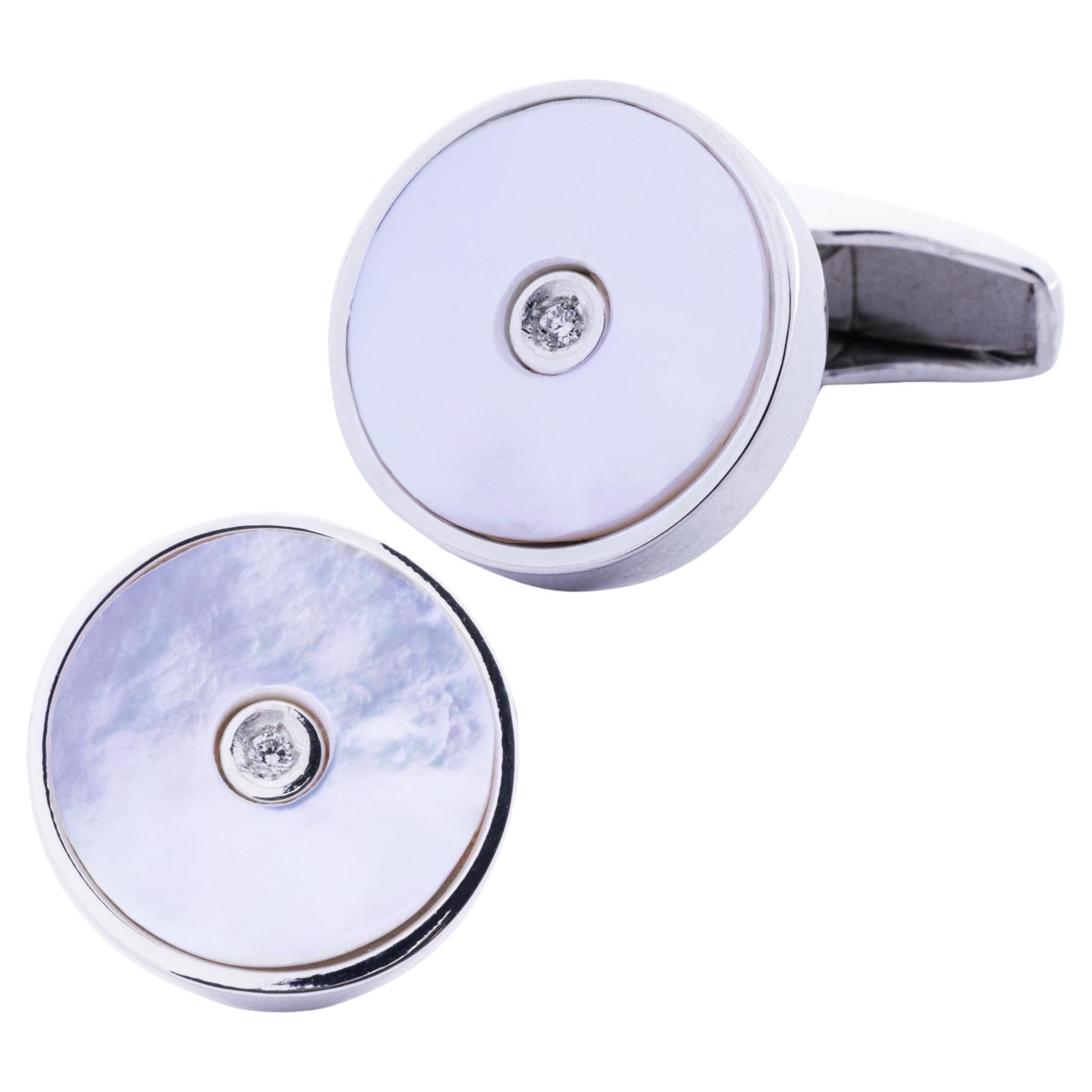 Sterling Silver White Diamond Mother-of-Pearl Cufflinks For Sale