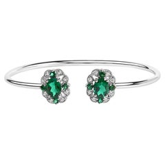 Sterling Silver White Topaz and Green Emerald Floral Bangle Bracelet 6.5 Inch