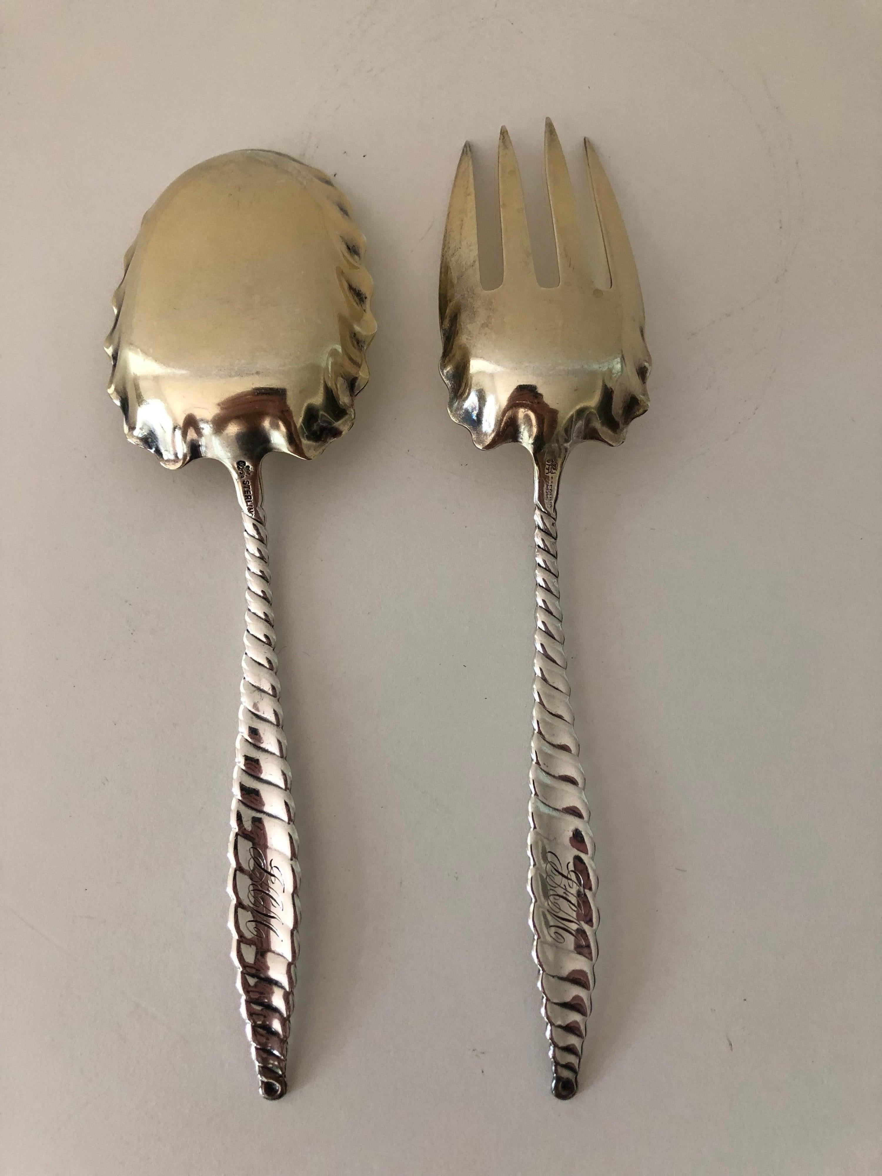 Sterling Silver Whiting Oval Twist Gold Wash Salad Servers In Good Condition For Sale In Stockton, NJ