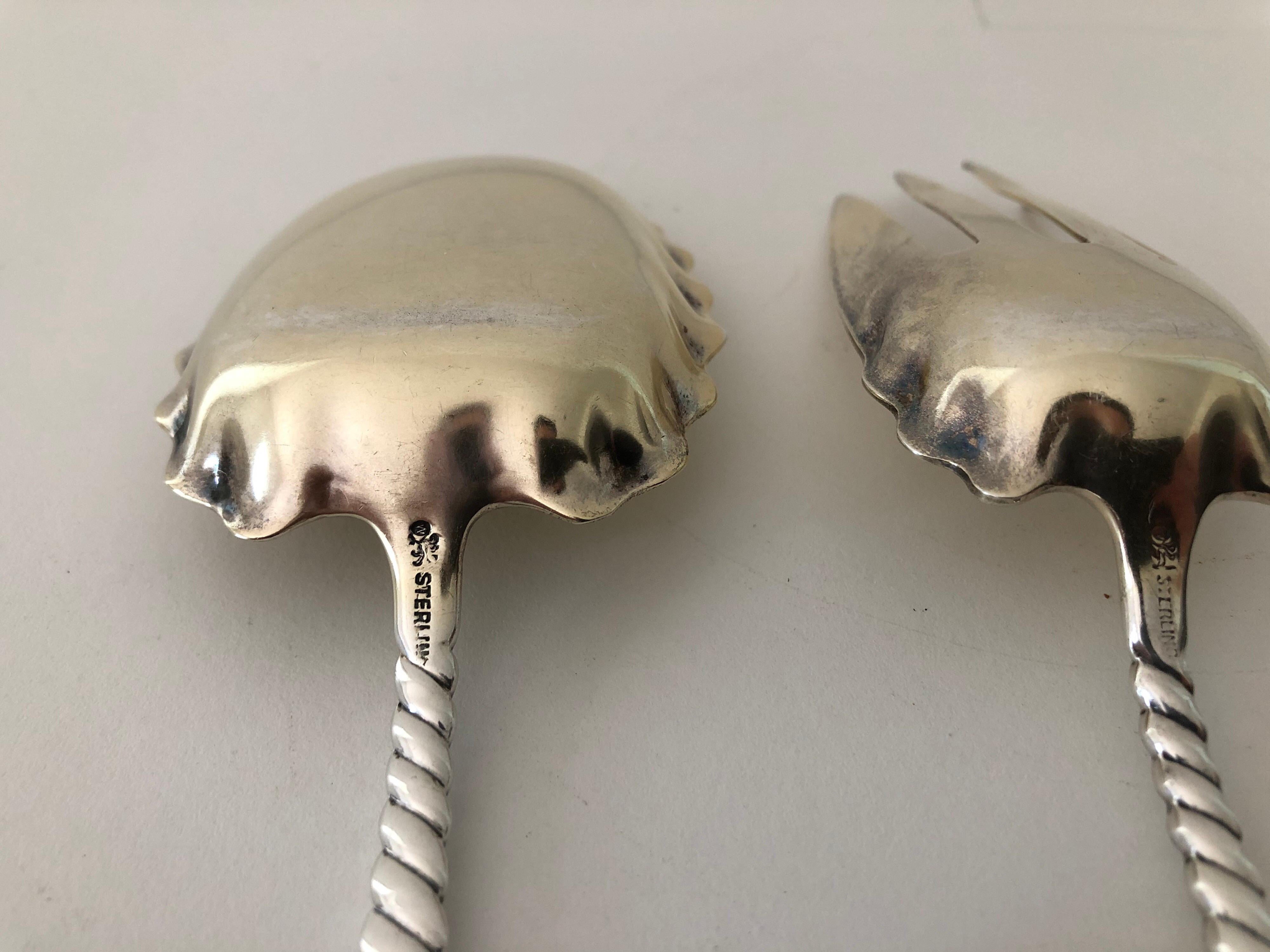 19th Century Sterling Silver Whiting Oval Twist Gold Wash Salad Servers For Sale