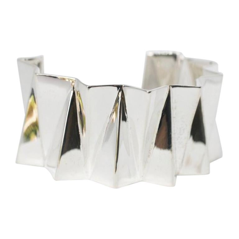 Sterling Silver Wide Folded Triangles Cuff  For Sale