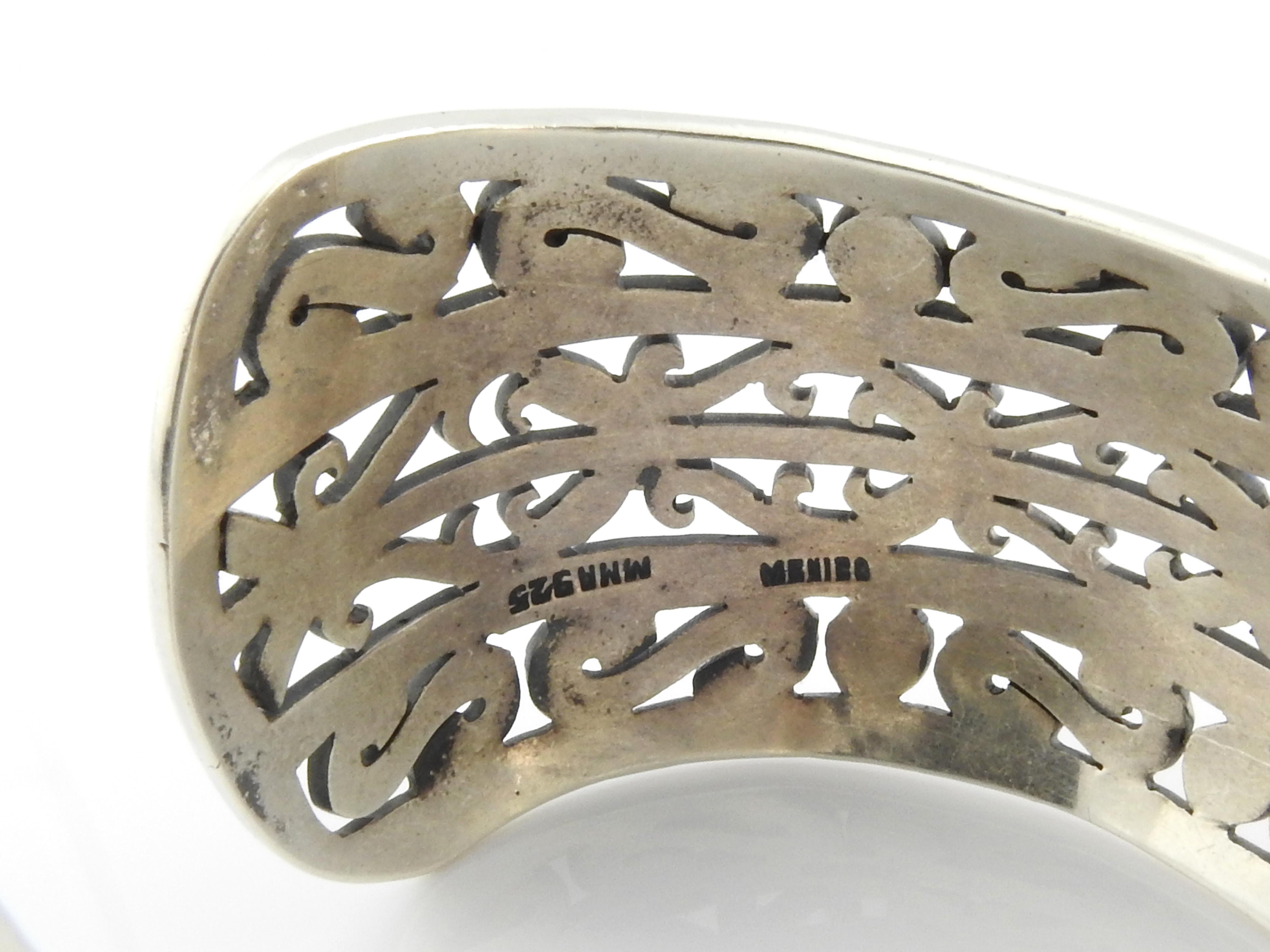 Sterling Silver Wide Scroll Design Cuff Bracelet Mexico MMA In Good Condition In Washington Depot, CT