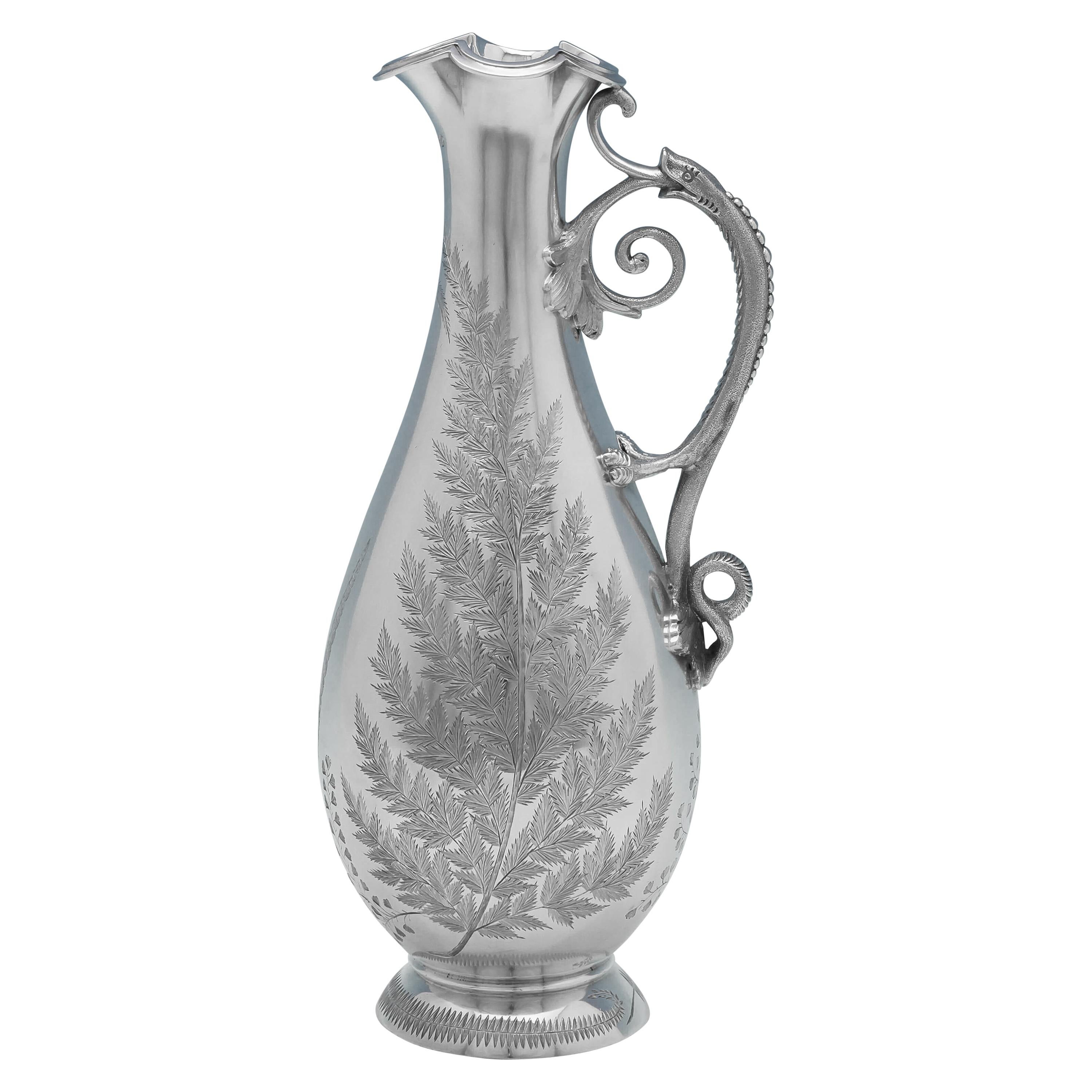 Naturalistic Victorian Antique Sterling Silver Wine Ewer with Dragon Handle