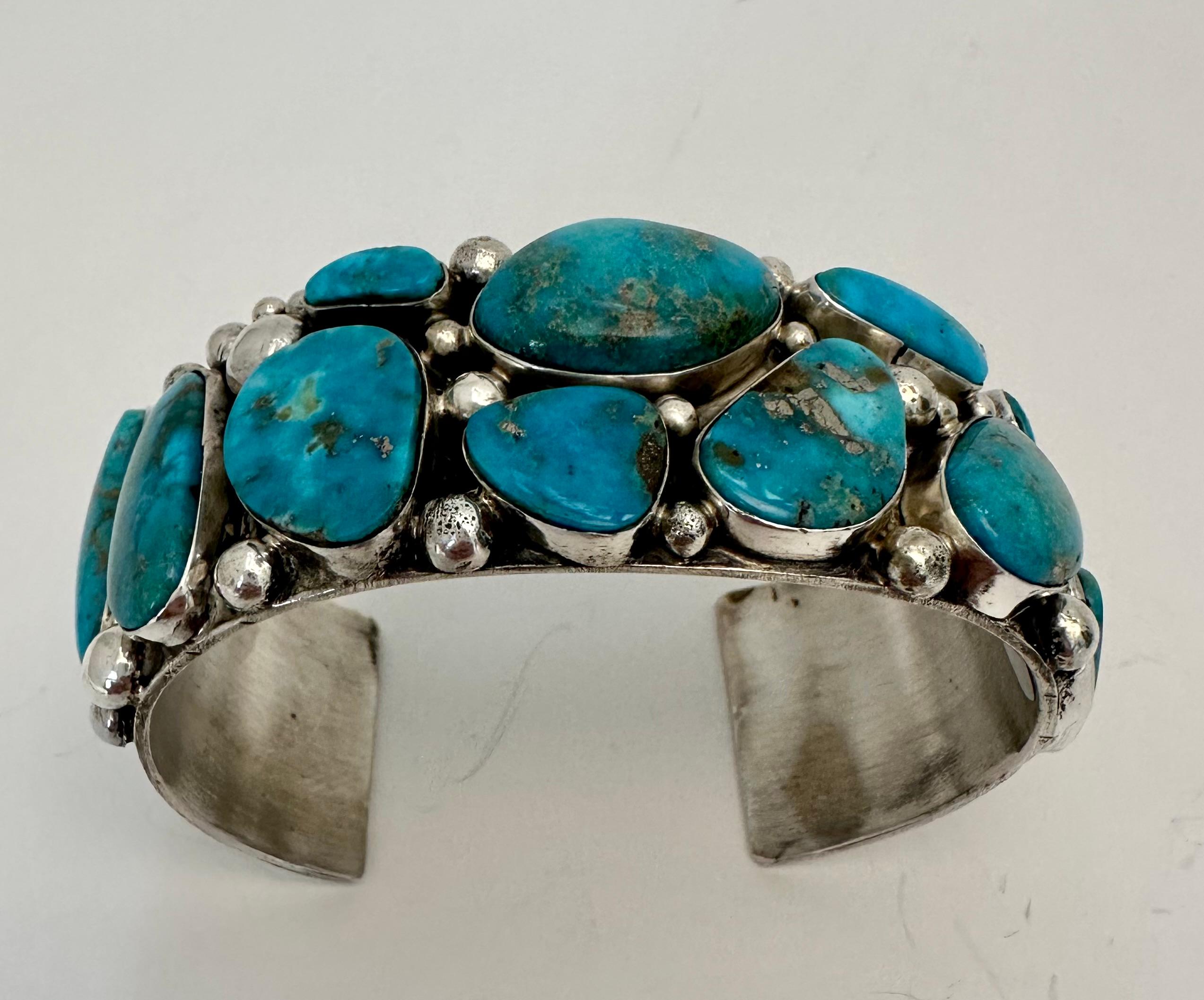 Artisan Sterling Silver With Blue Ridge Turquoise Bracelet Signed Navajo Robert Shakey For Sale