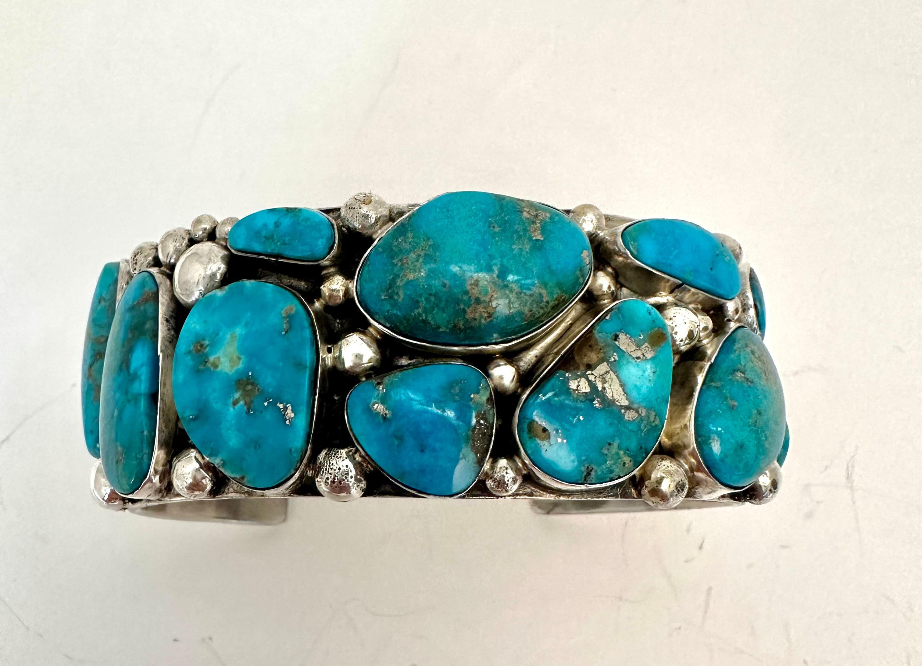Cabochon Sterling Silver With Blue Ridge Turquoise Bracelet Signed Navajo Robert Shakey For Sale