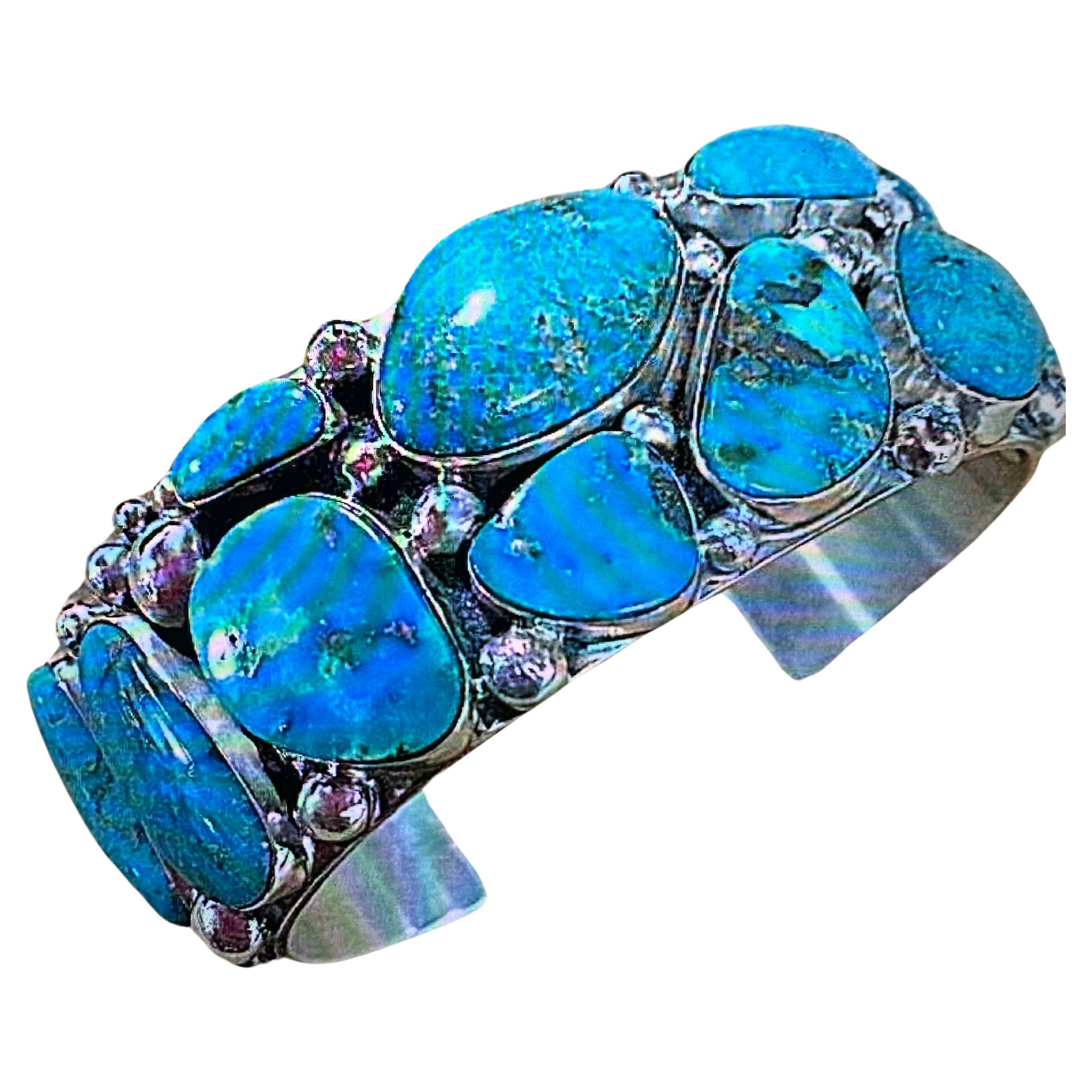 Bracelet en argent sterling avec turquoise Blue Ridge signé Navajo Robert Shakey en vente