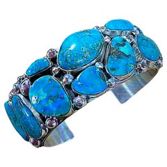Used Sterling Silver With Blue Ridge Turquoise Bracelet Signed Navajo Robert Shakey