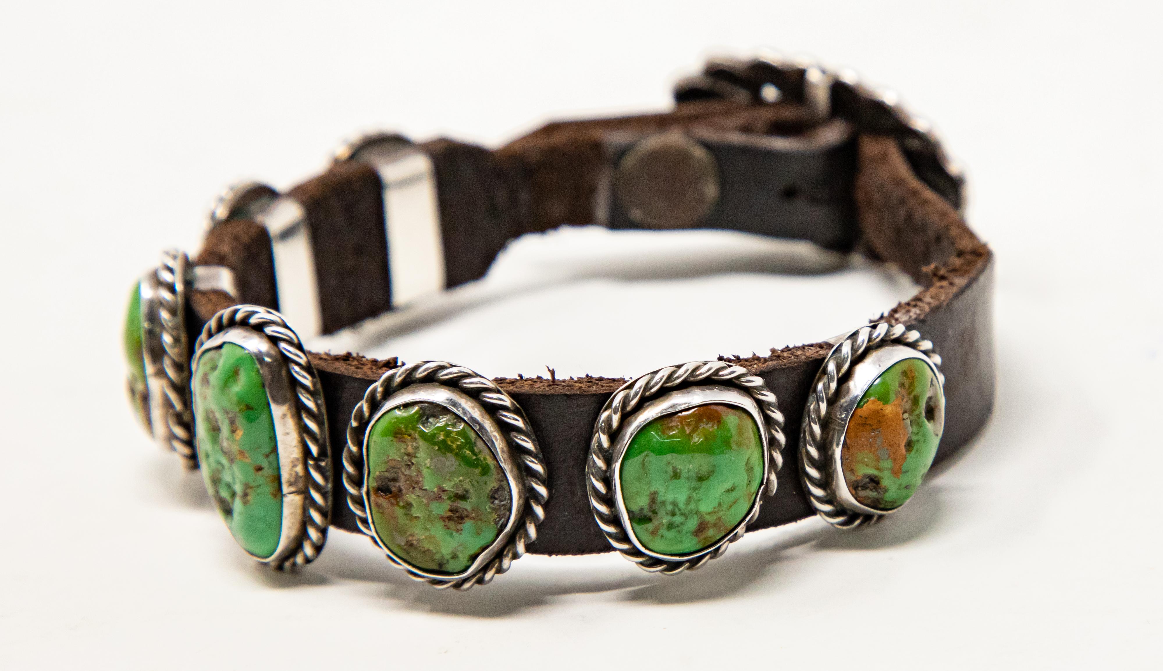 Native American Sterling Silver with Cabochon Turquoise and Leather Bracelet For Sale