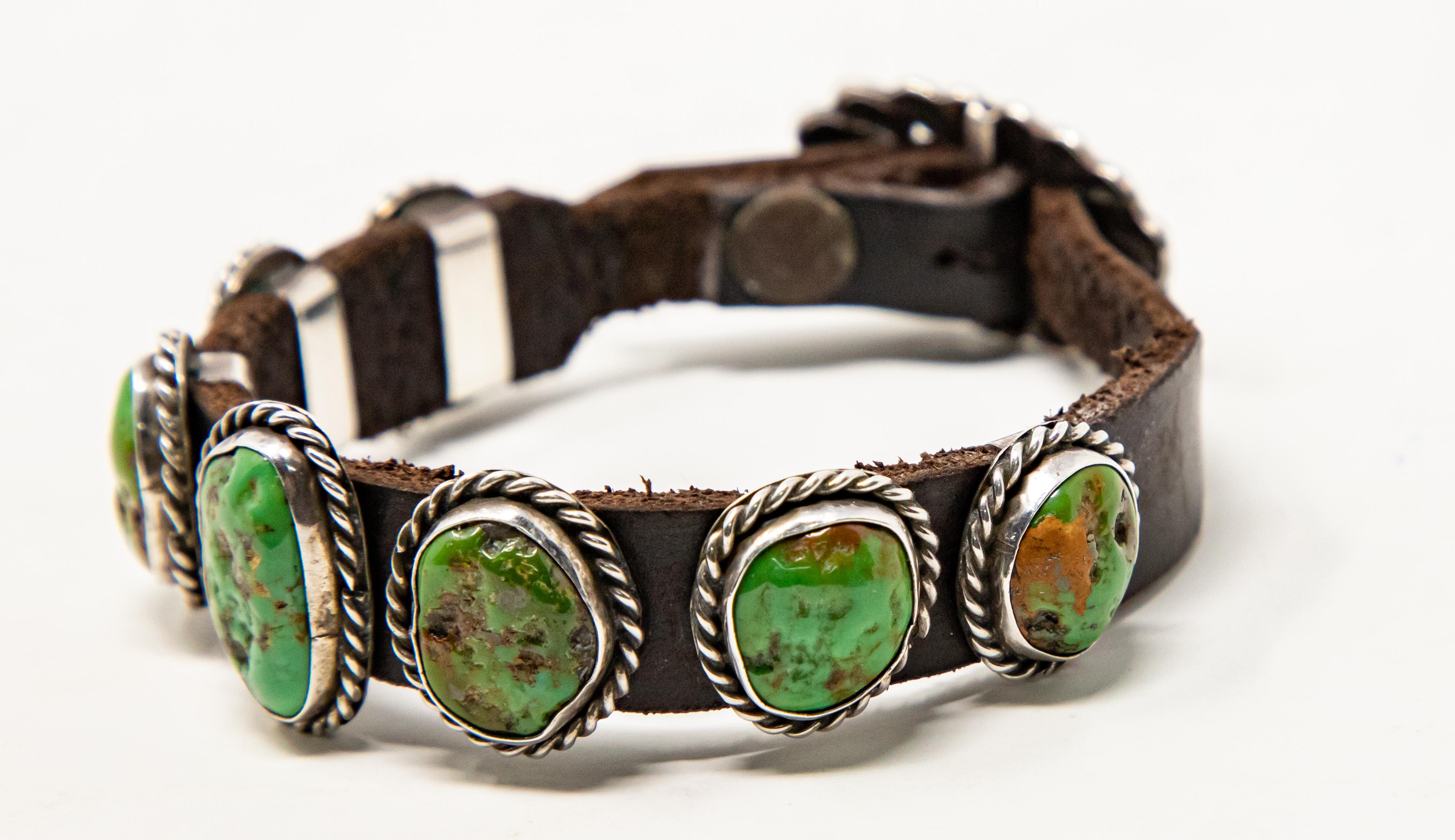 American Sterling Silver with Cabochon Turquoise and Leather Bracelet For Sale
