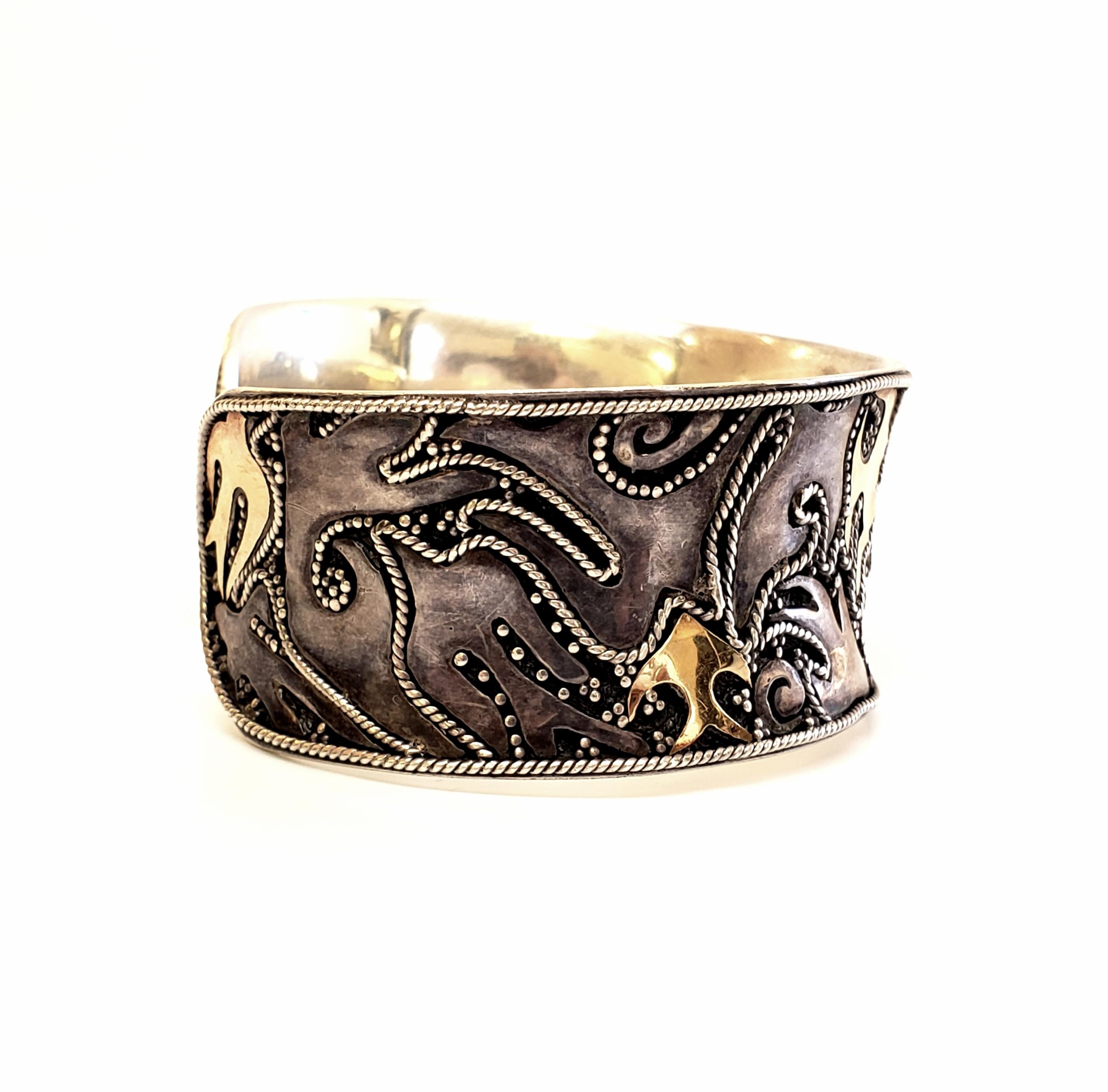 Sterling Silver with Gold Accent Abstract Ocean Scene Cuff Bracelet In Good Condition In Washington Depot, CT