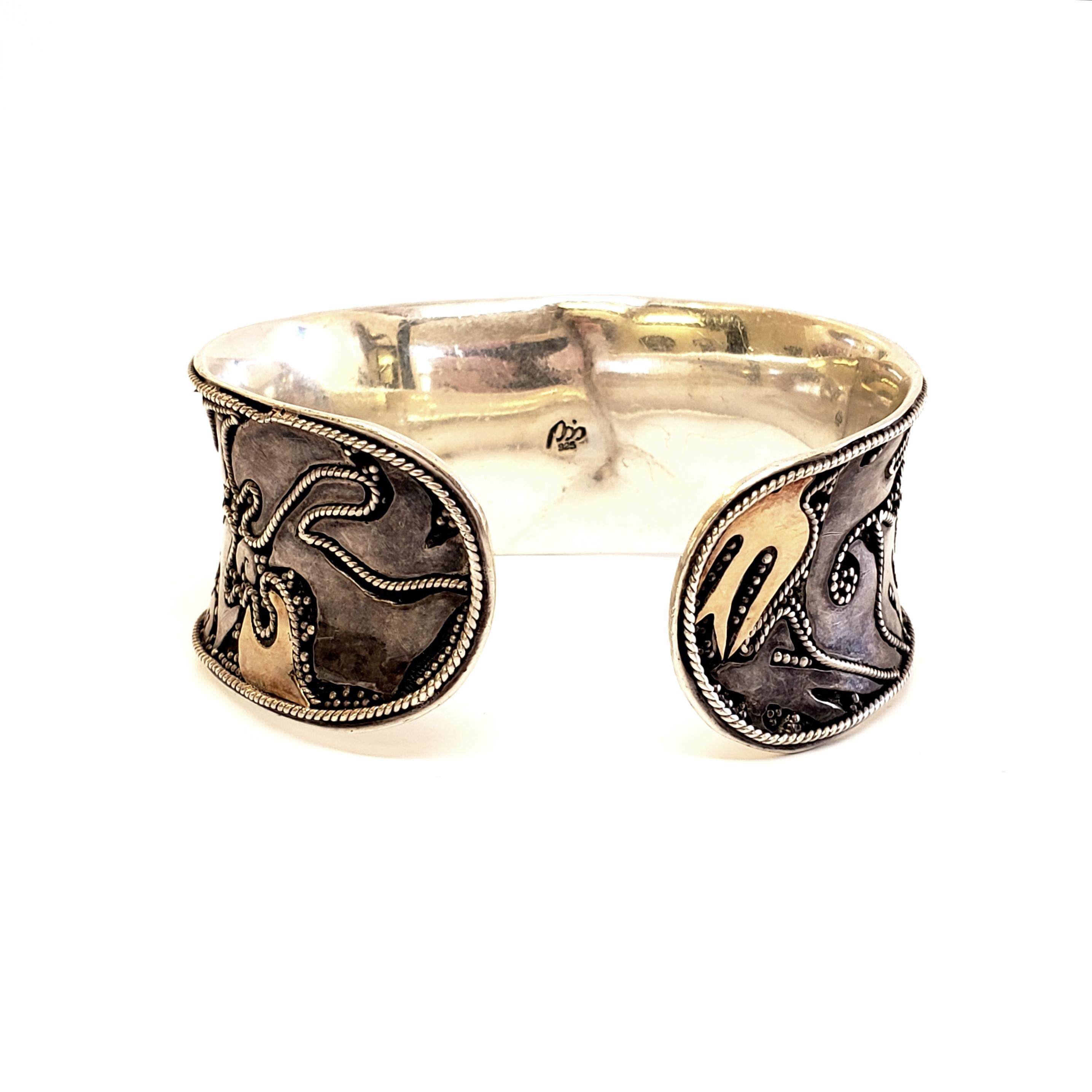 Women's Sterling Silver with Gold Accent Abstract Ocean Scene Cuff Bracelet