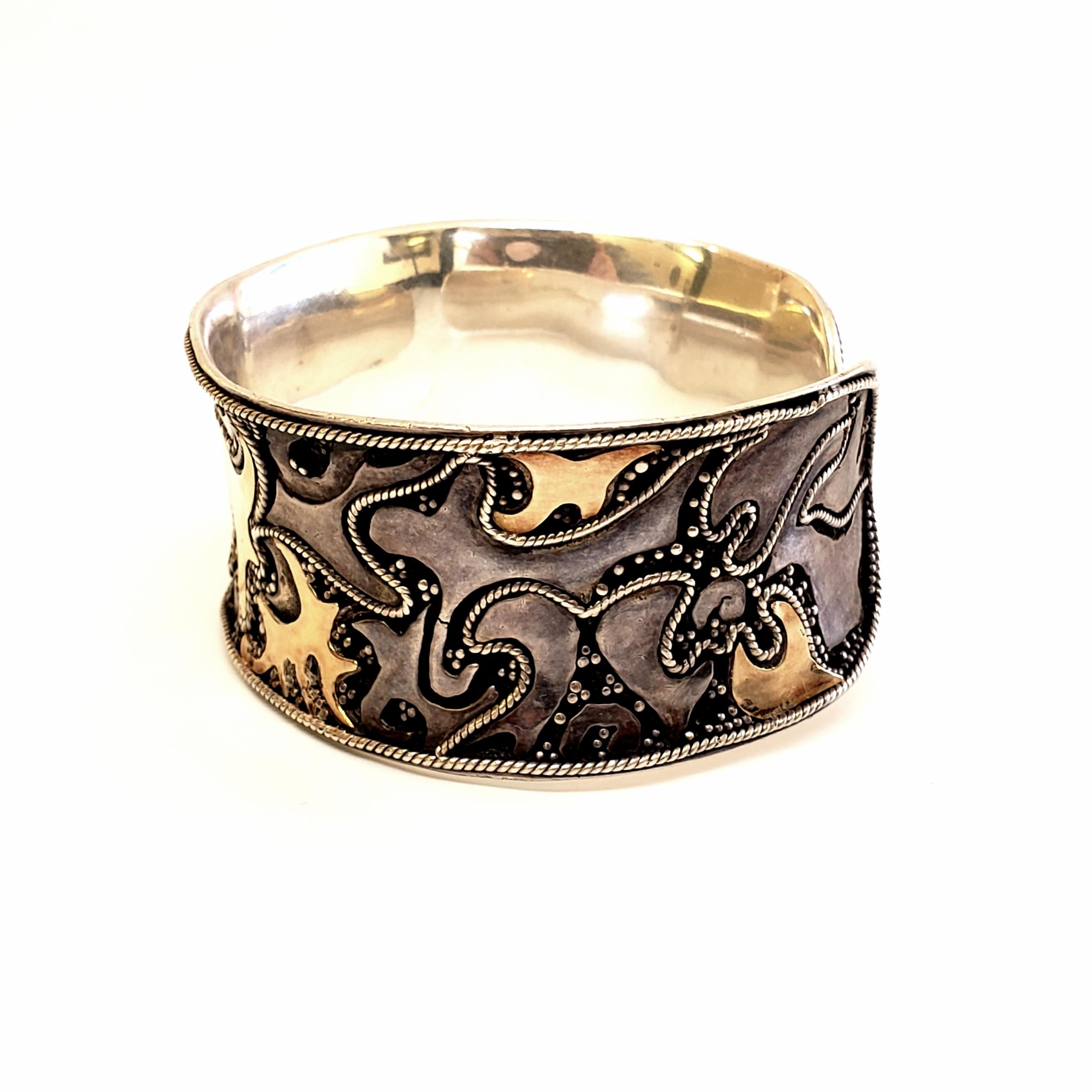 Sterling Silver with Gold Accent Abstract Ocean Scene Cuff Bracelet 1