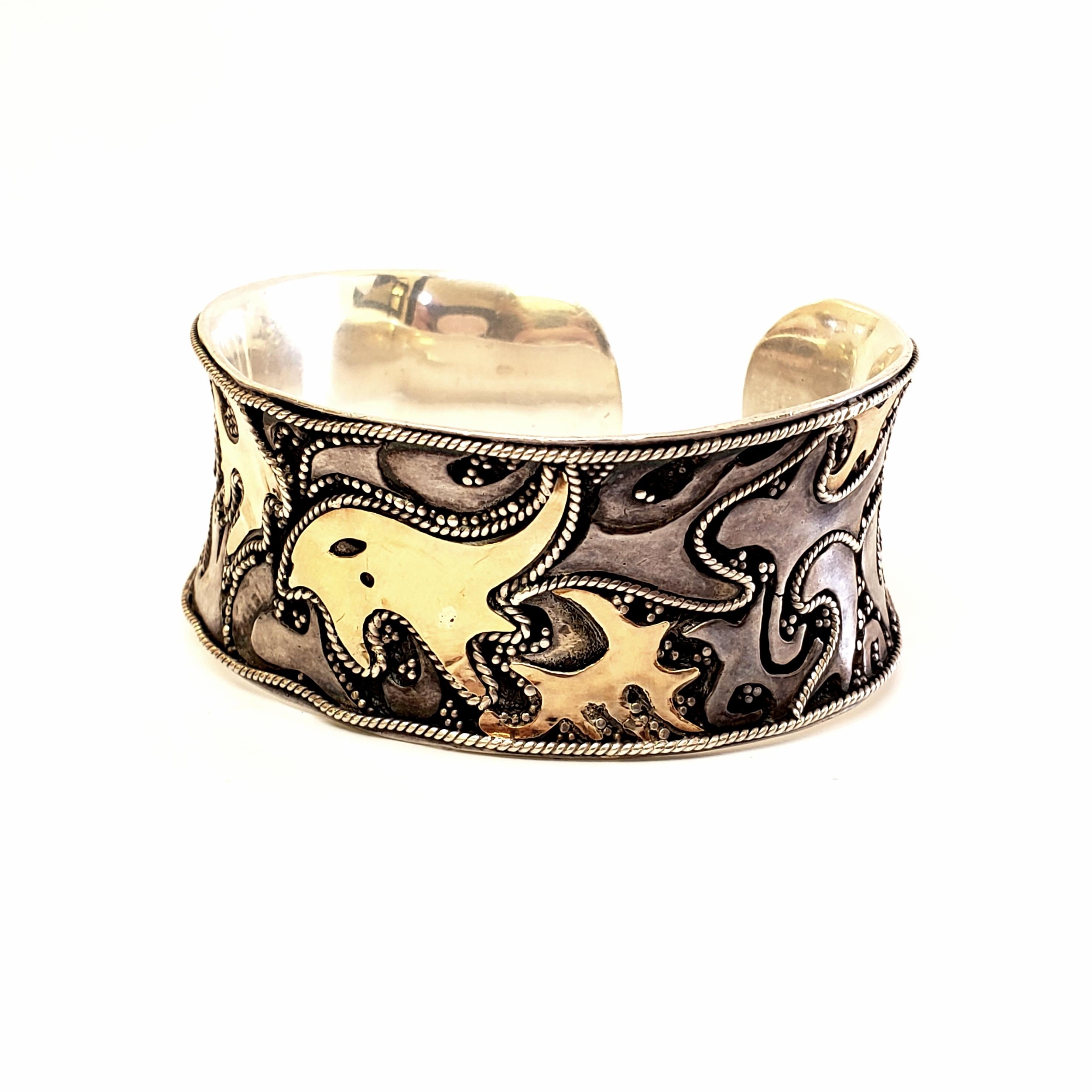 Sterling Silver with Gold Accent Abstract Ocean Scene Cuff Bracelet 2