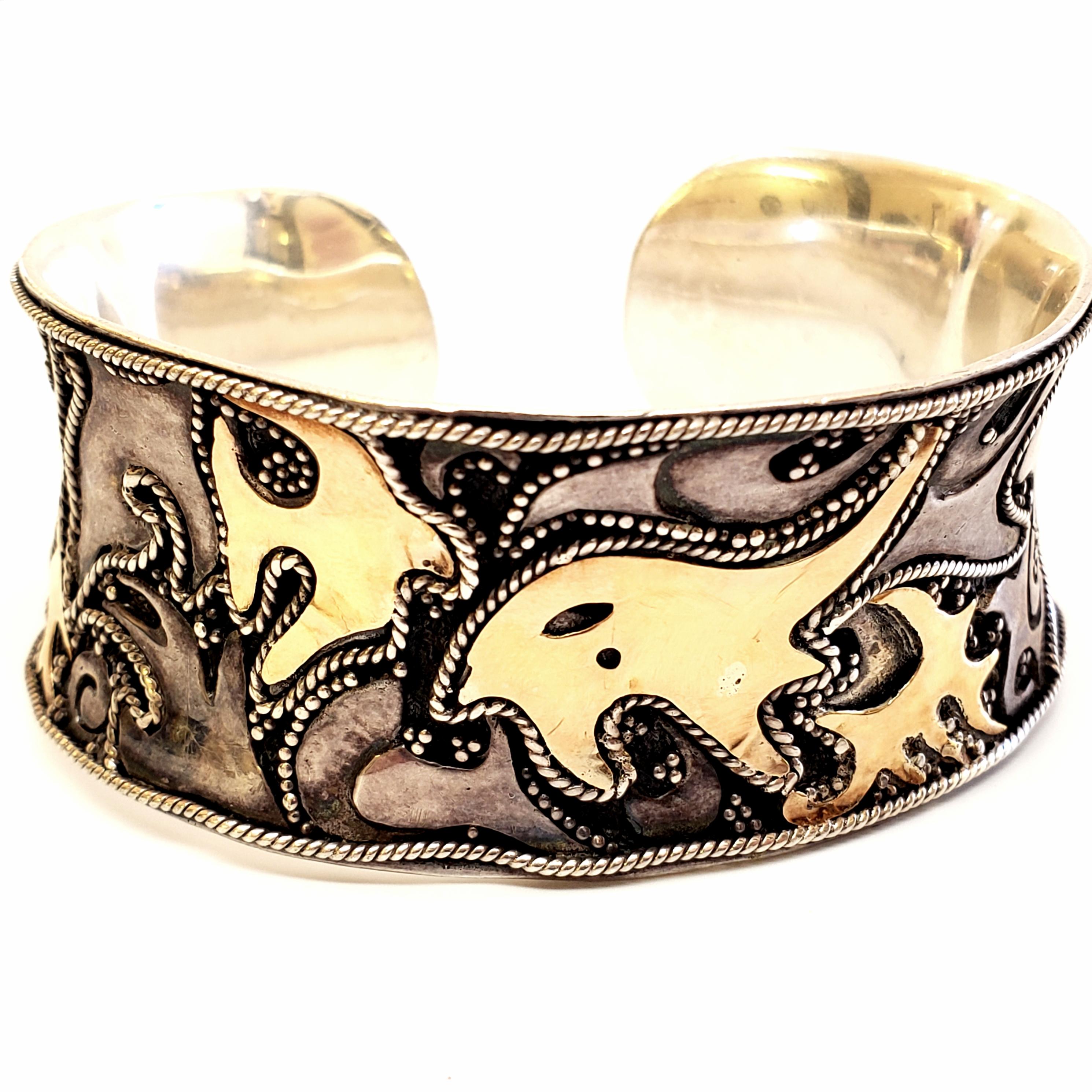 Sterling Silver with Gold Accent Abstract Ocean Scene Cuff Bracelet 3