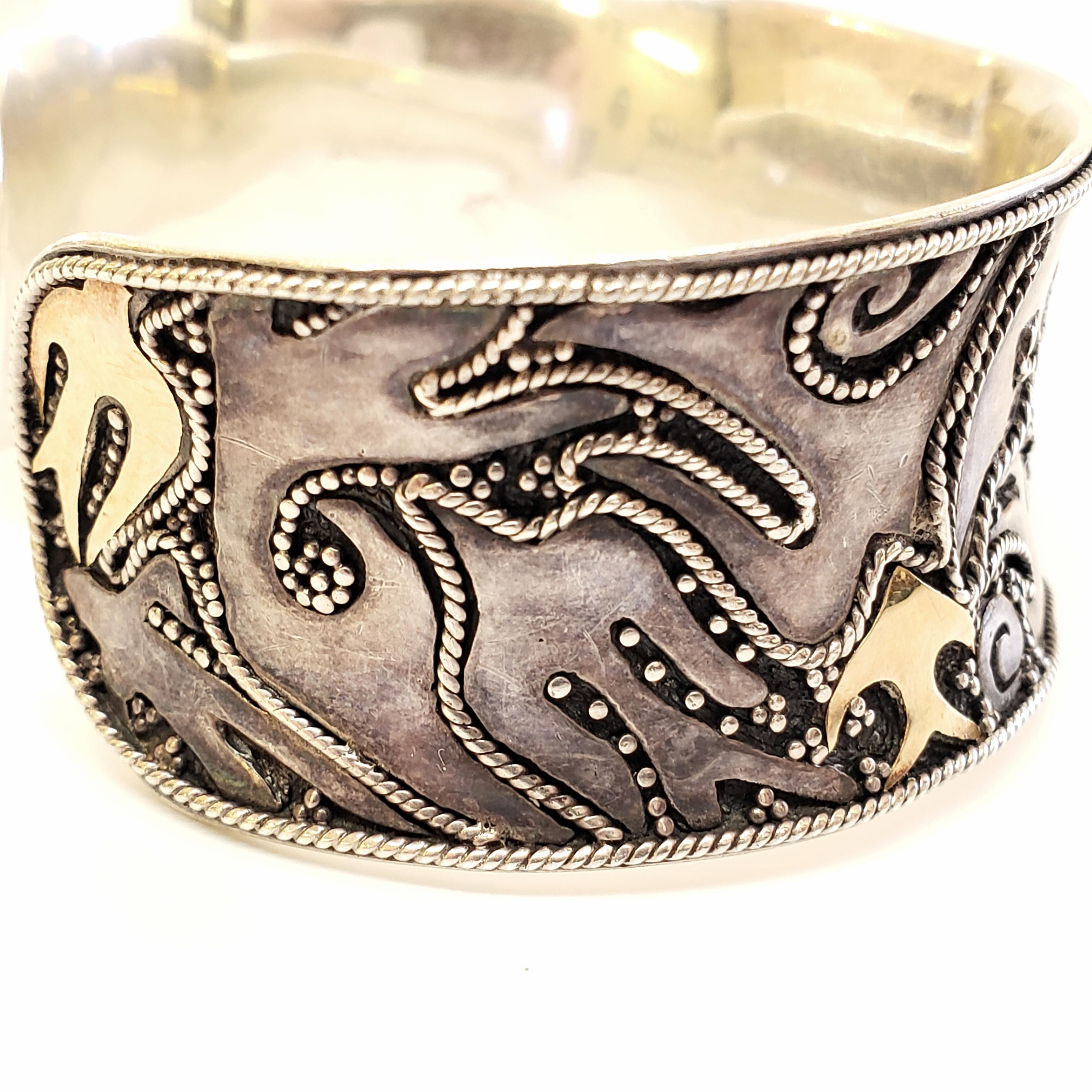 Sterling Silver with Gold Accent Abstract Ocean Scene Cuff Bracelet 5