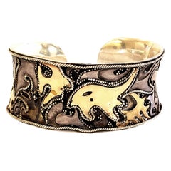 Sterling Silver with Gold Accent Abstract Ocean Scene Cuff Bracelet