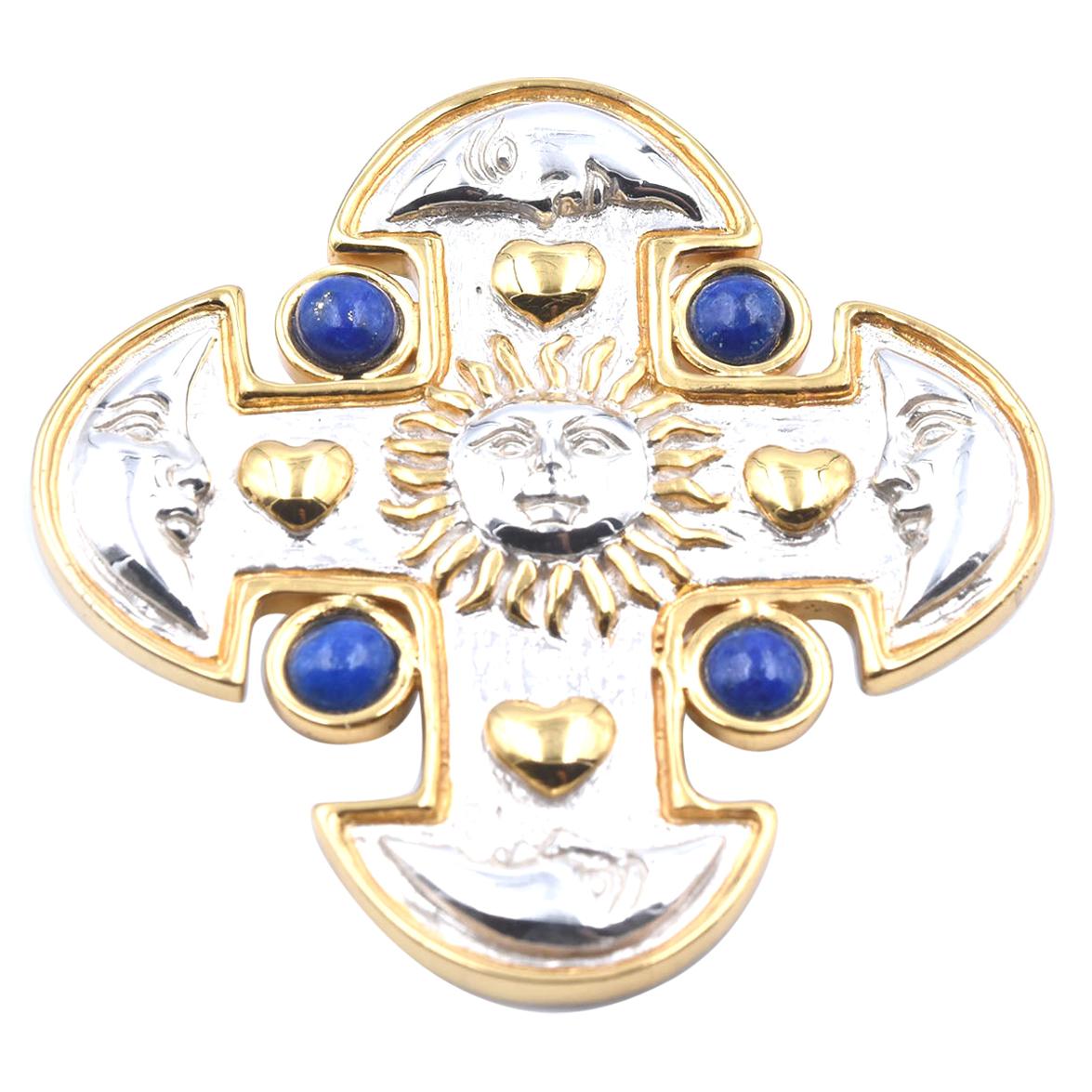 Sterling Silver with Lapis Sun and Moon Cross Pin Signed Sergio Bustamante