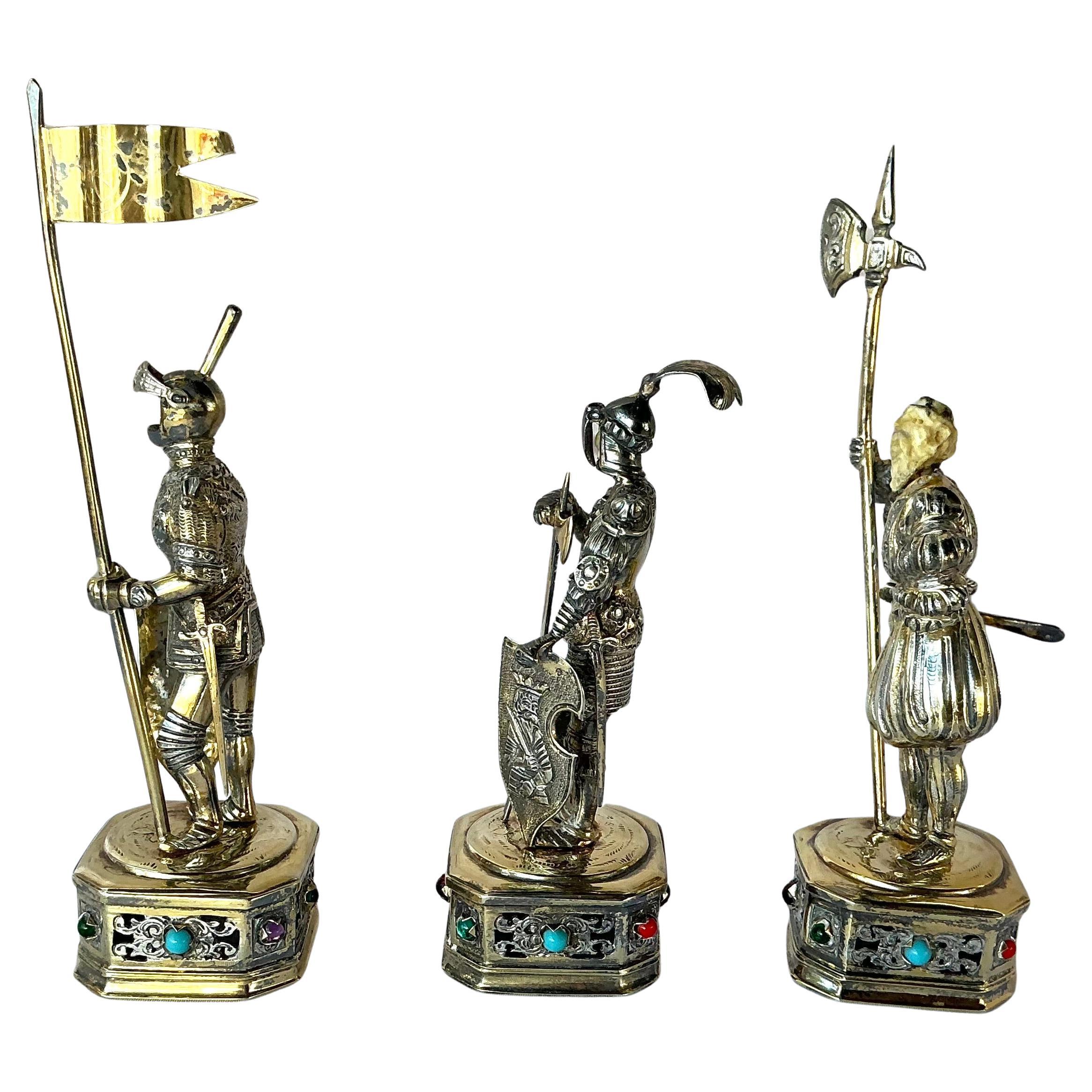 Sterling Silver with Parcel Gilt Medieval Knights, Set of Three For Sale 1