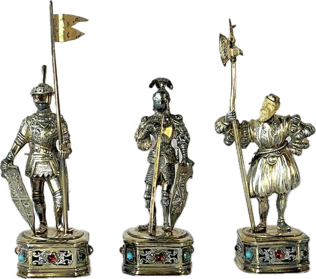 Sterling Silver with Parcel Gilt Medieval Knights, Set of Three For Sale