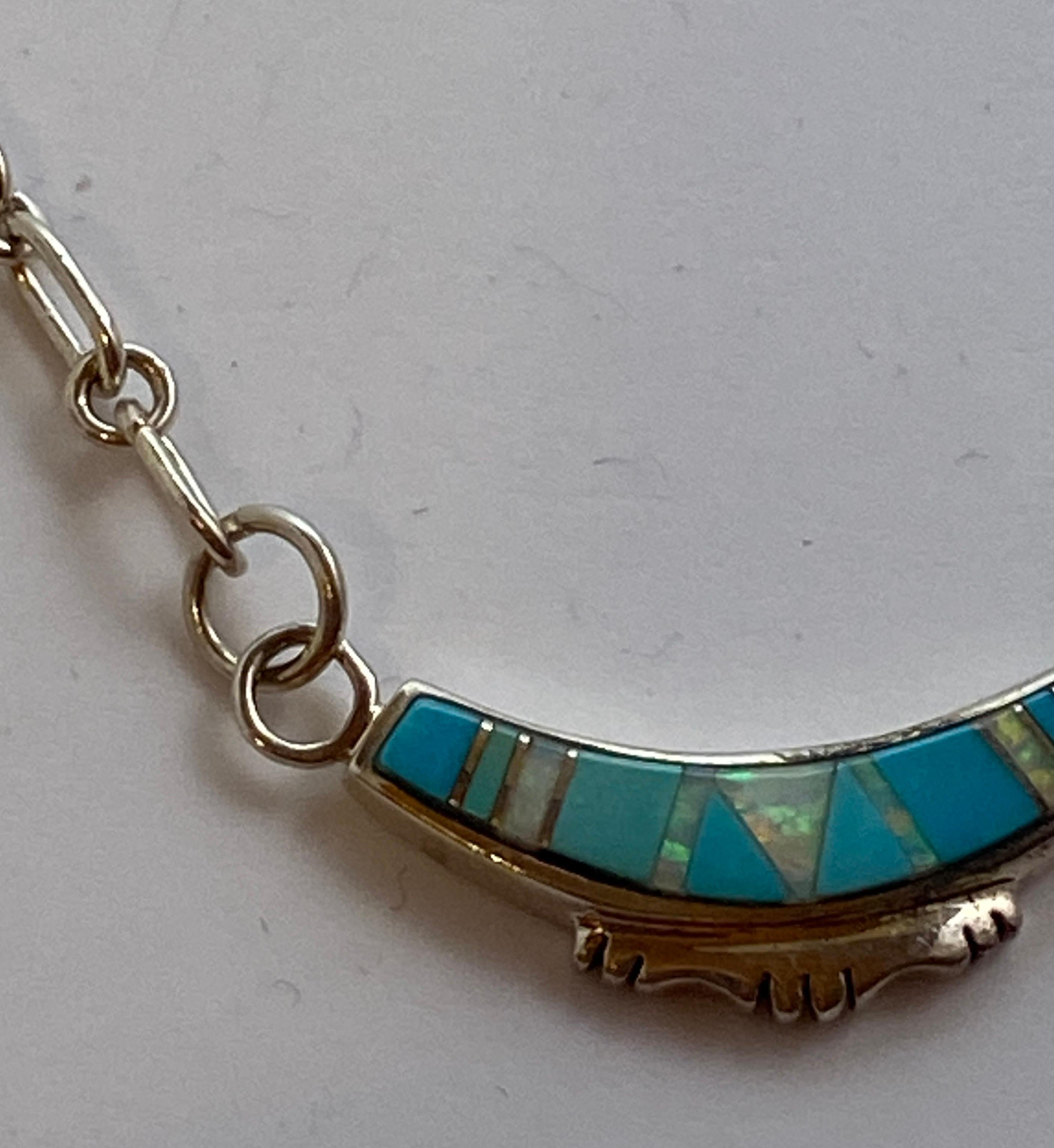 Collier et pendentif à maillons en argent sterling avec turquoise et opale en vente 6