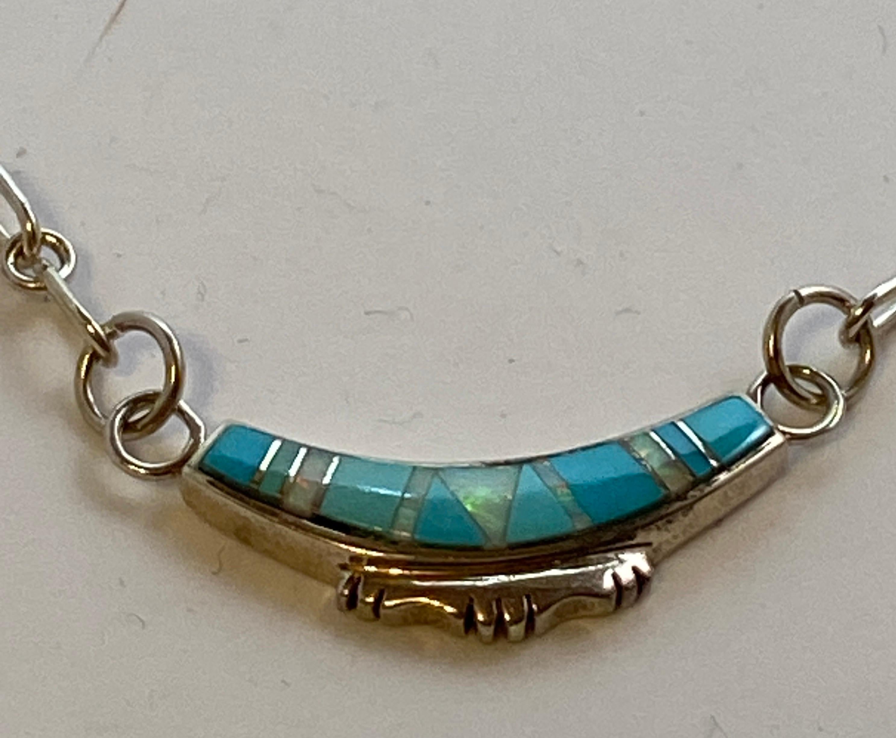 Artisan Sterling Silver with Turquoise and Opal Accent Chain-Link Necklace and Pendant For Sale