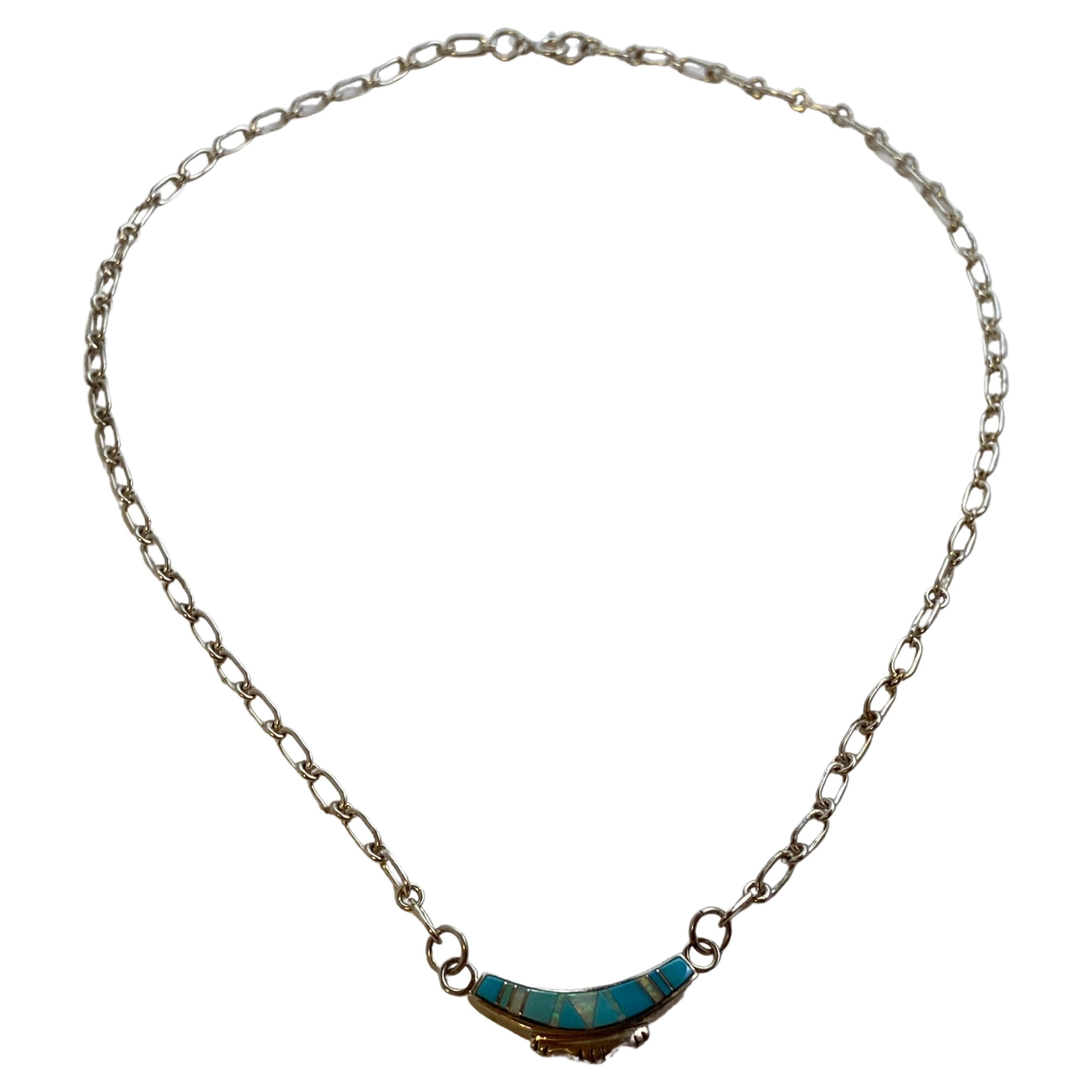 Sterling Silver with Turquoise and Opal Accent Chain-Link Necklace and Pendant For Sale