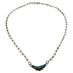 Vintage Sterling Silver with Turquoise and Opal Accent Chain-Link Necklace and Pendant