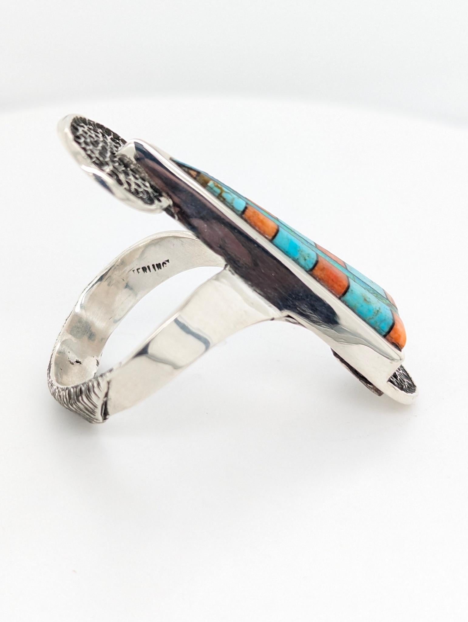 Artisan Sterling Silver with Turquoise, Spiny Oyster, Lapis & Mother of Pearl (Size 12) For Sale