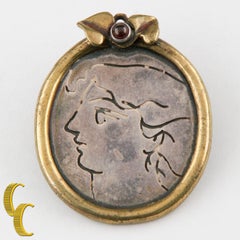 Sterling Silver Women's Etched Profile Brooch w/ Gold Tone Bezel & Gemstone