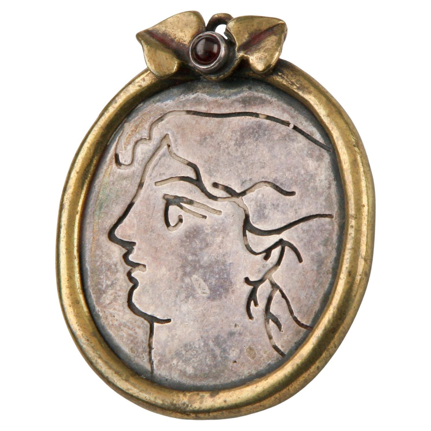 Sterling Silver Women's Etched Profile Brooch w/ Gold Tone Bezel & Gemstone