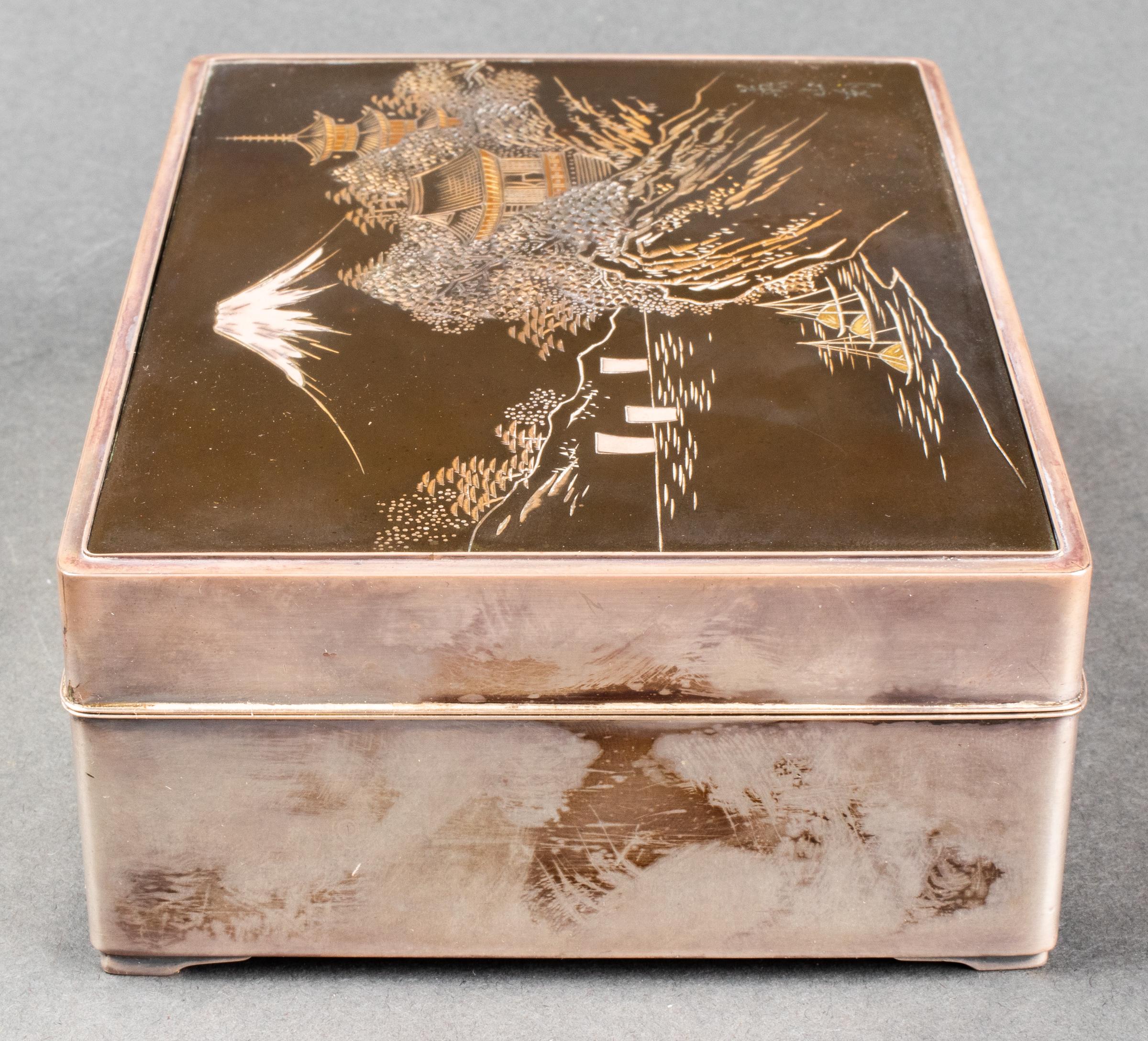 Sterling Silver Wood Dresser Box with Mixed Metal Lid Depicting Japanese Scene 5
