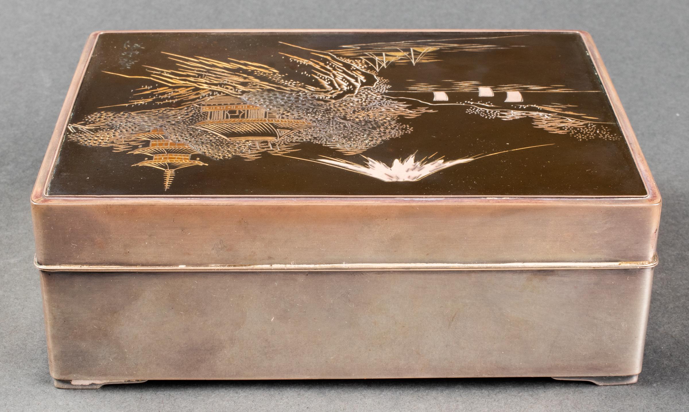 Sterling Silver Wood Dresser Box with Mixed Metal Lid Depicting Japanese Scene 6