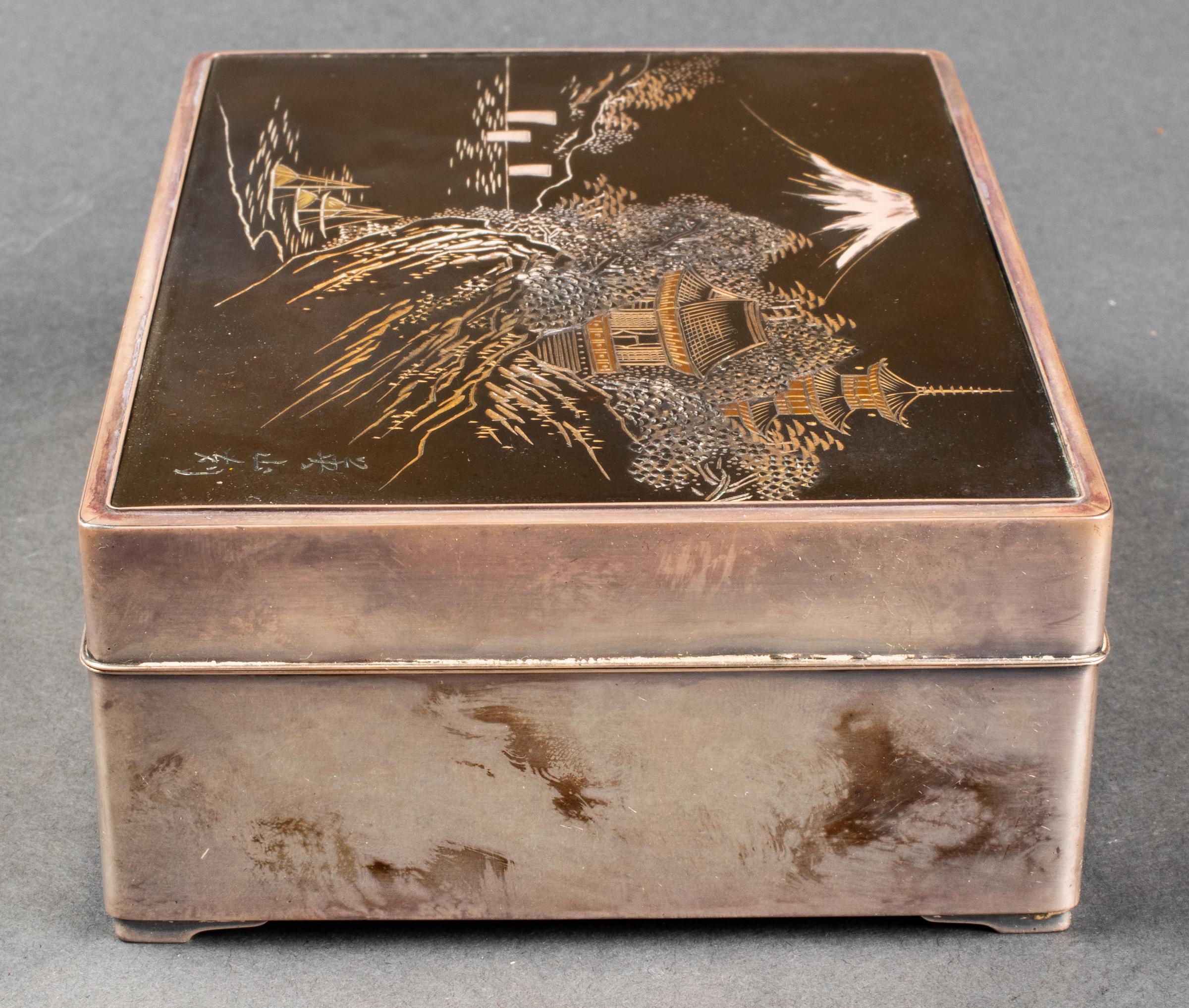 Sterling Silver Wood Dresser Box with Mixed Metal Lid Depicting Japanese Scene 7