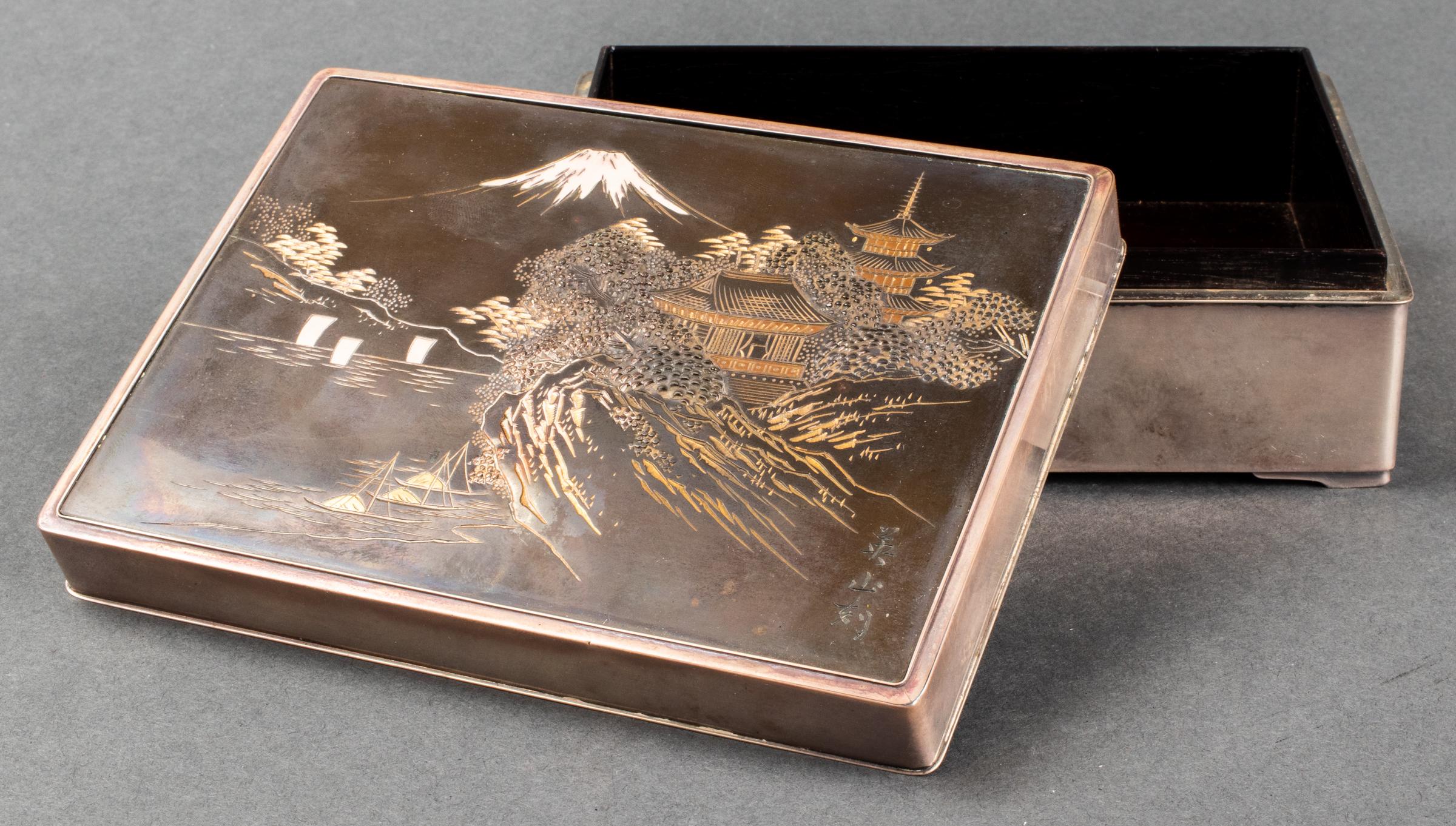 Sterling Silver Wood Dresser Box with Mixed Metal Lid Depicting Japanese Scene 8