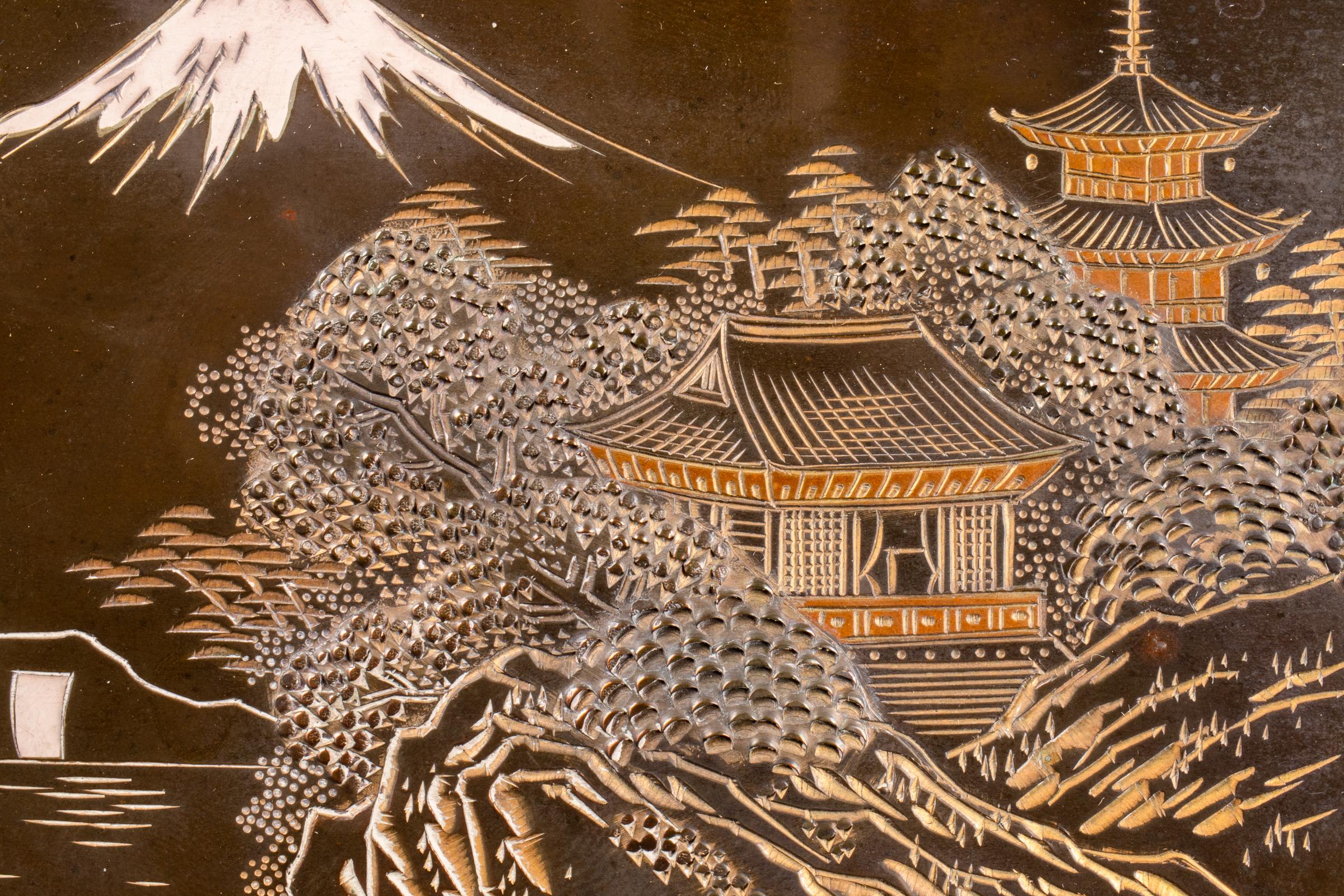 Sterling Silver Wood Dresser Box with Mixed Metal Lid Depicting Japanese Scene 9