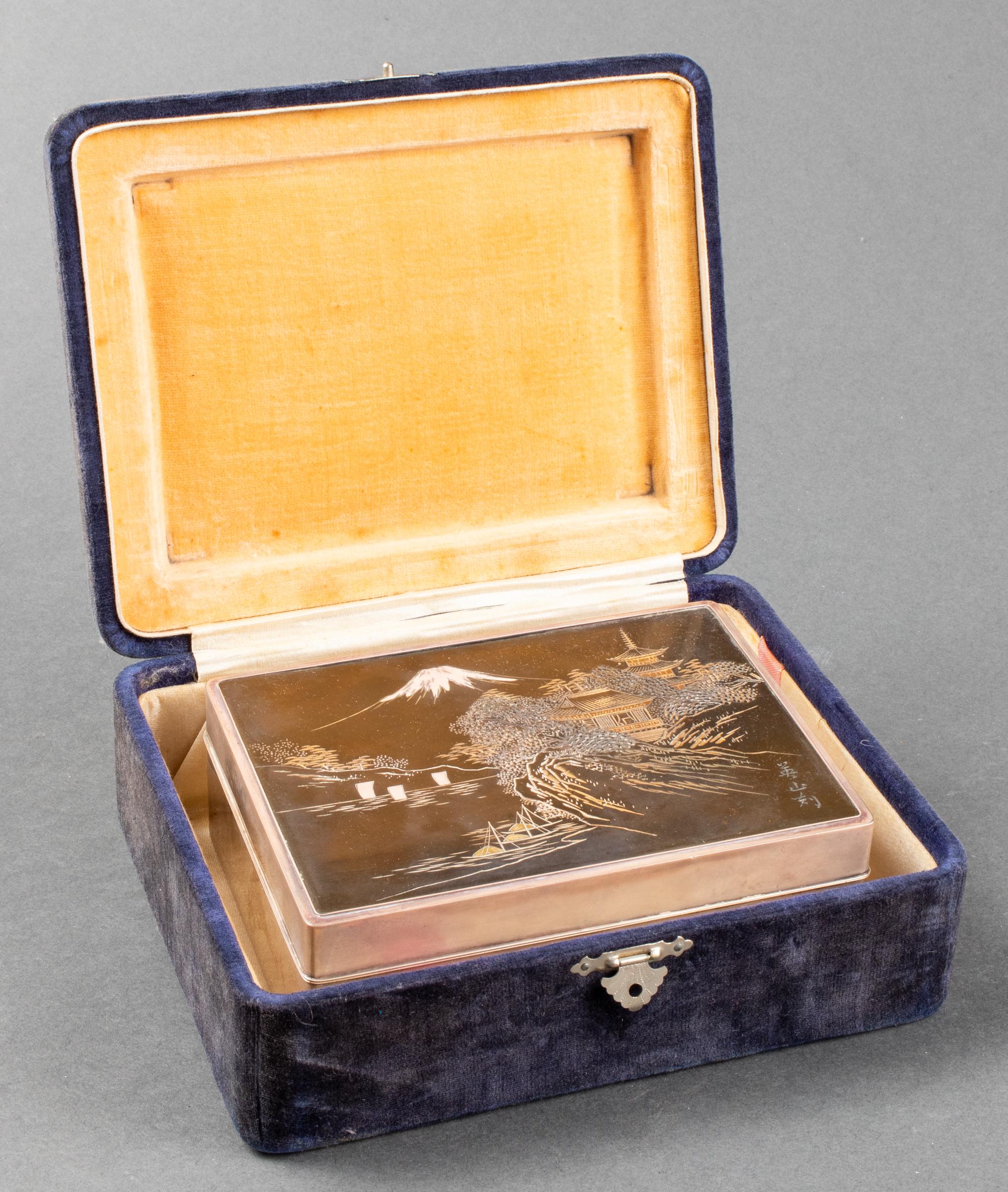 Mid-Century Modern Sterling Silver Wood Dresser Box with Mixed Metal Lid Depicting Japanese Scene